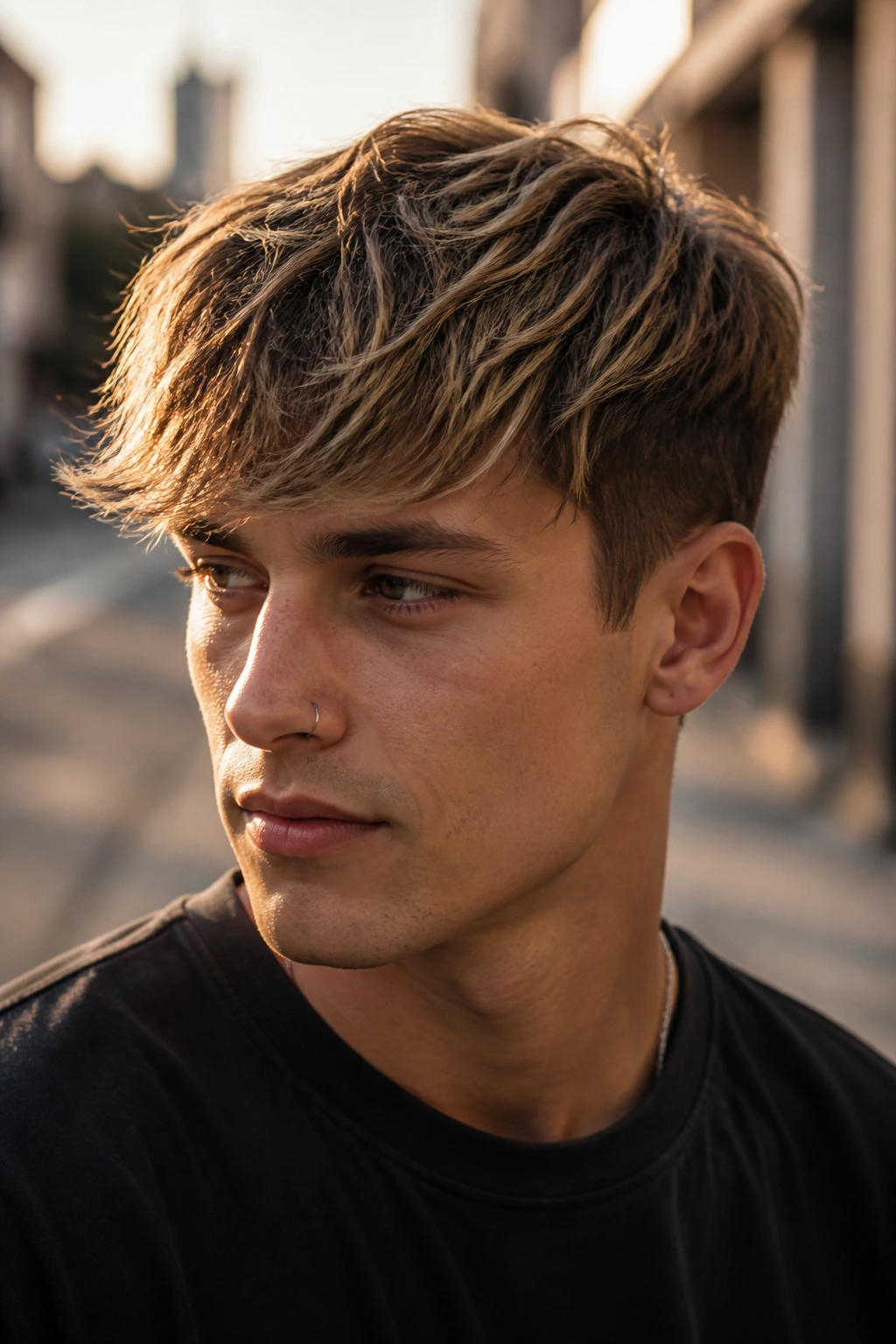 Close-up of a man with sandy beige balayage in a messy fringe