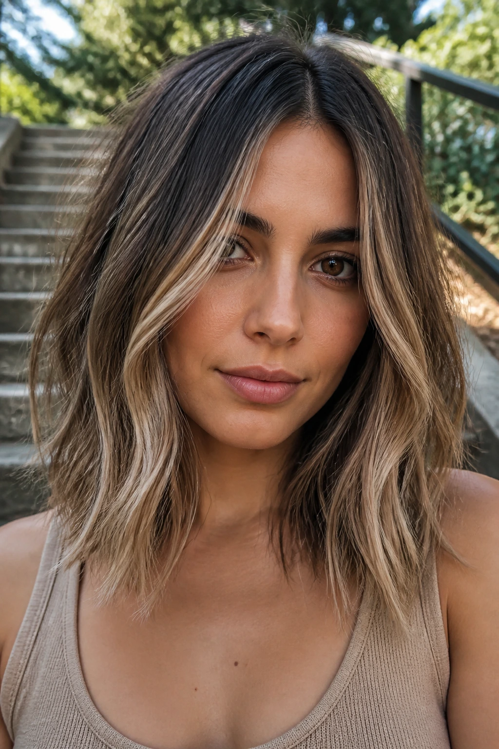 Close-up of a real woman with sandy beige balayage on a textured lob.