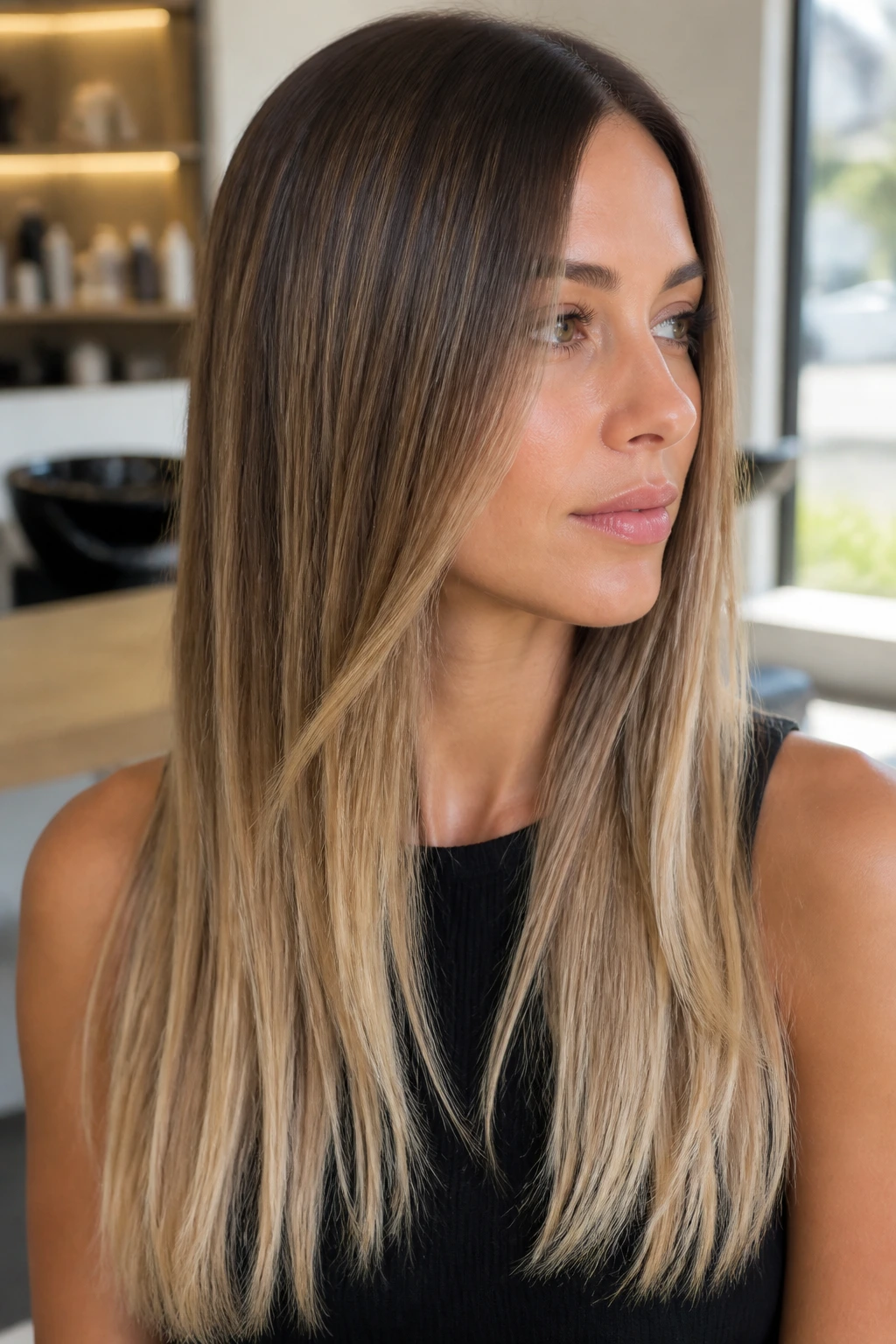 Close-up of straight brown hair with sandy beige balayage highlights