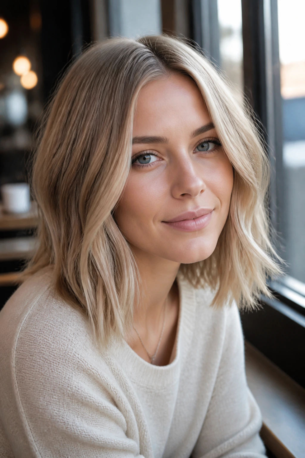 Portrait of a woman with sandy beige blonde lob and cool undertones.