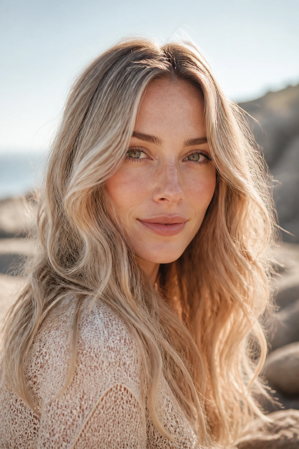 Portrait of sandy beige blonde hair with airy waves