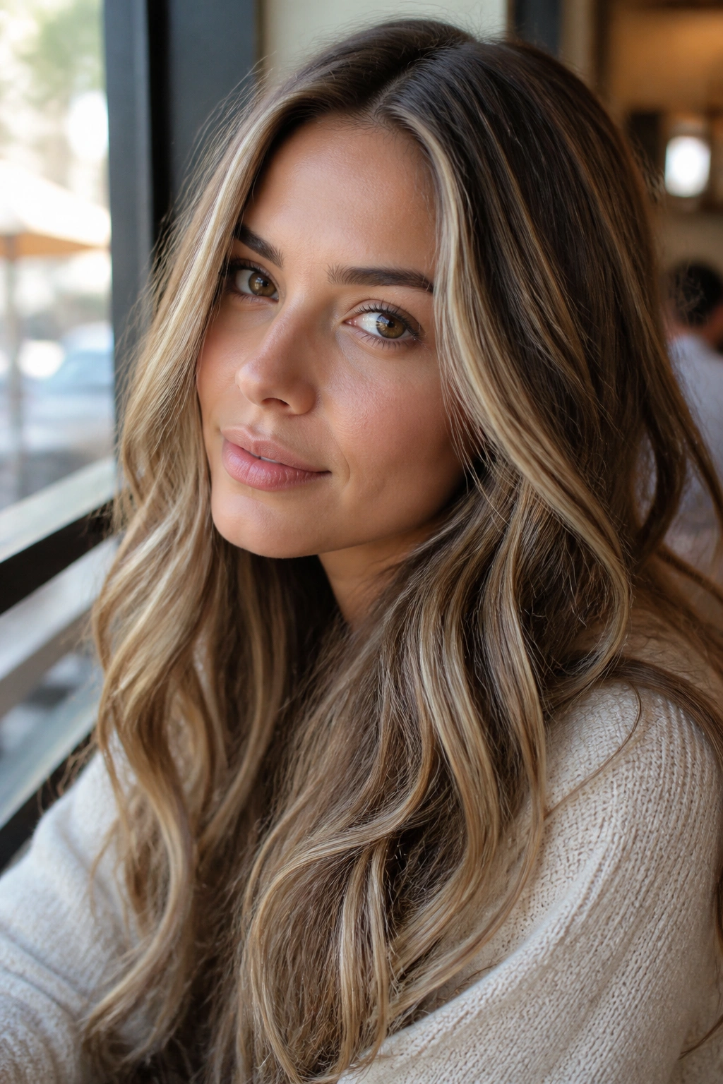 Brunette with sandy beige highlights creating soft contrast
