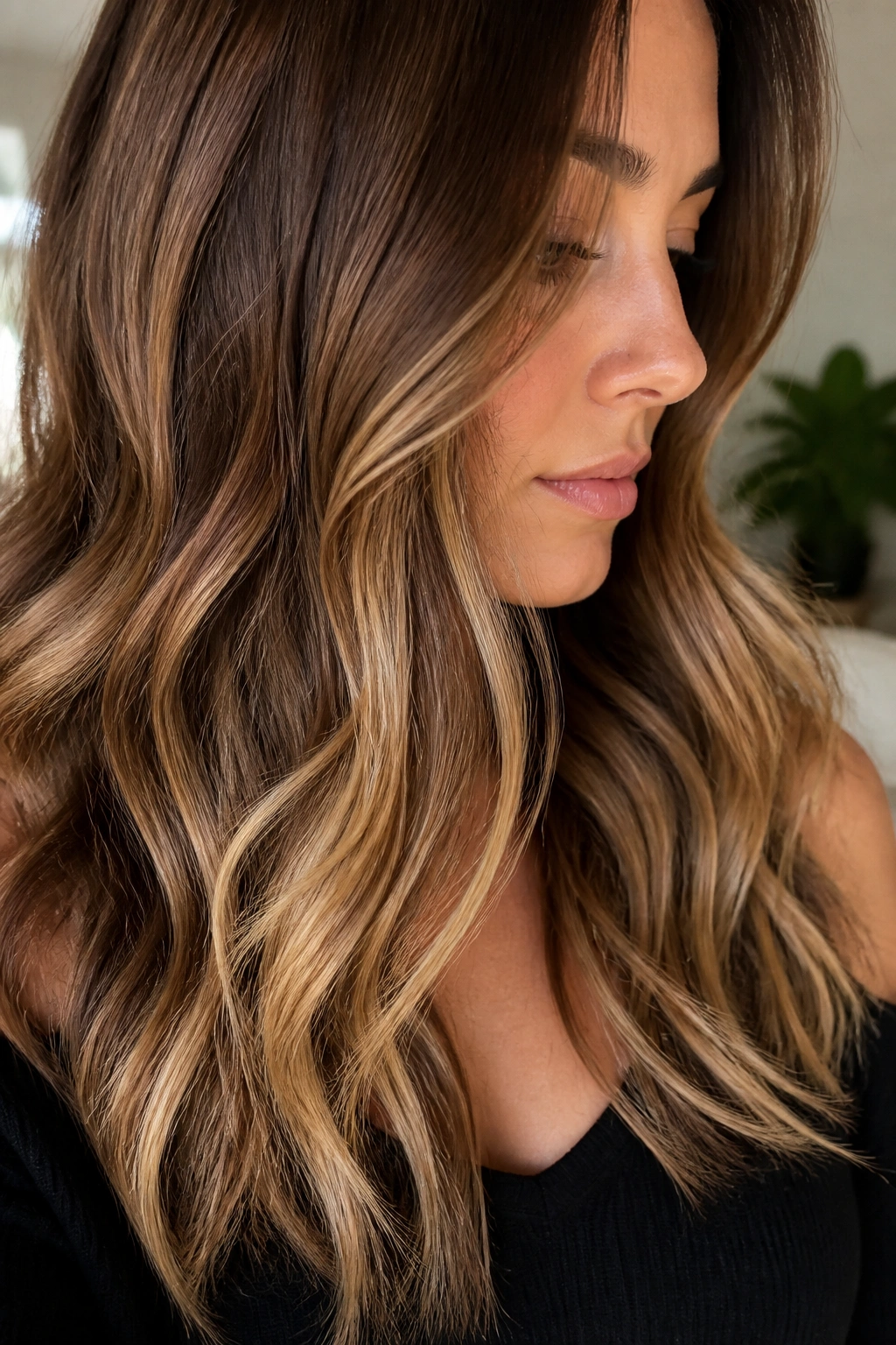 Real woman's brown hair with sandy beige ribbon highlights through mid-lengths and ends.