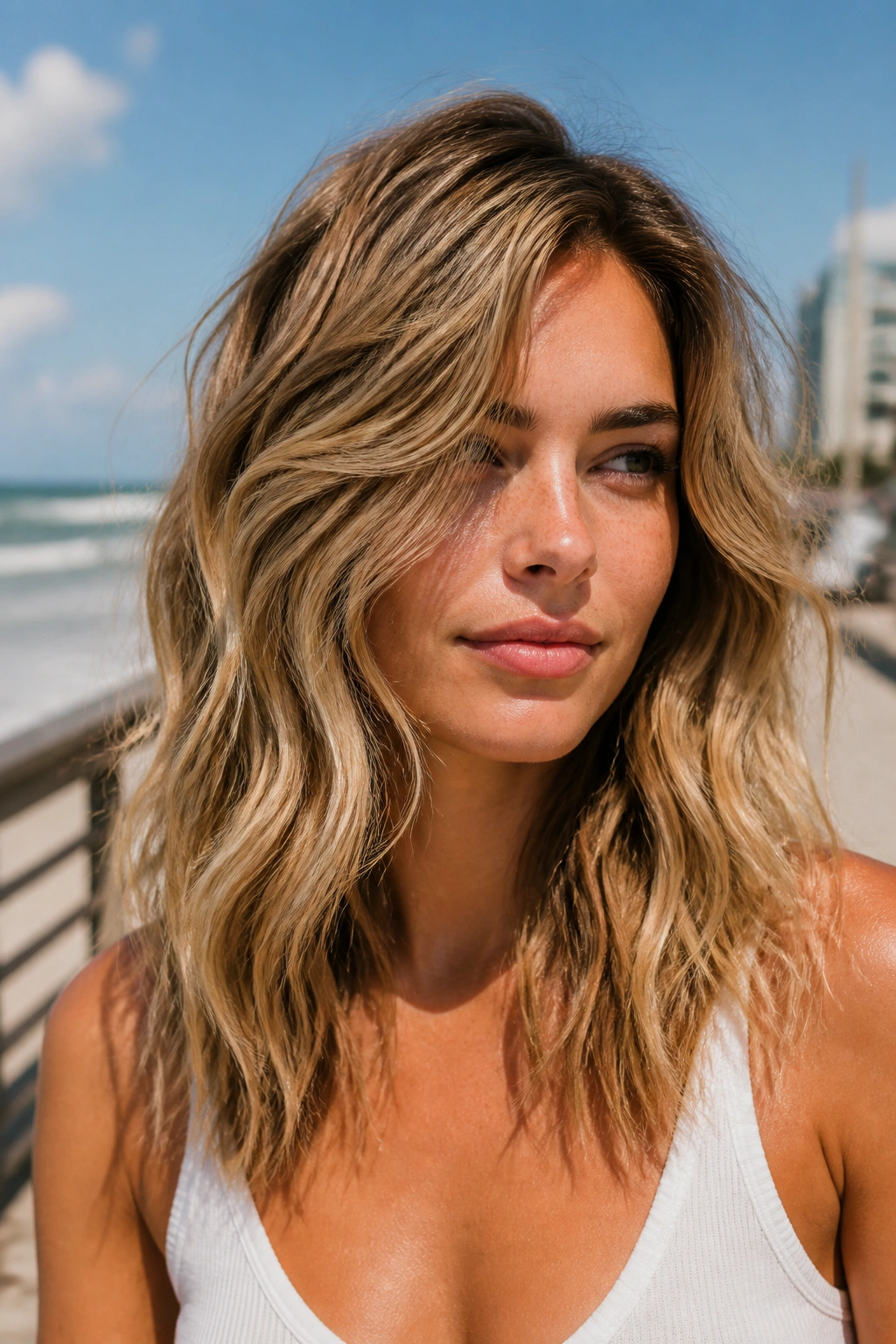 Close-up of a real woman with sandy blonde balayage in air-dried waves