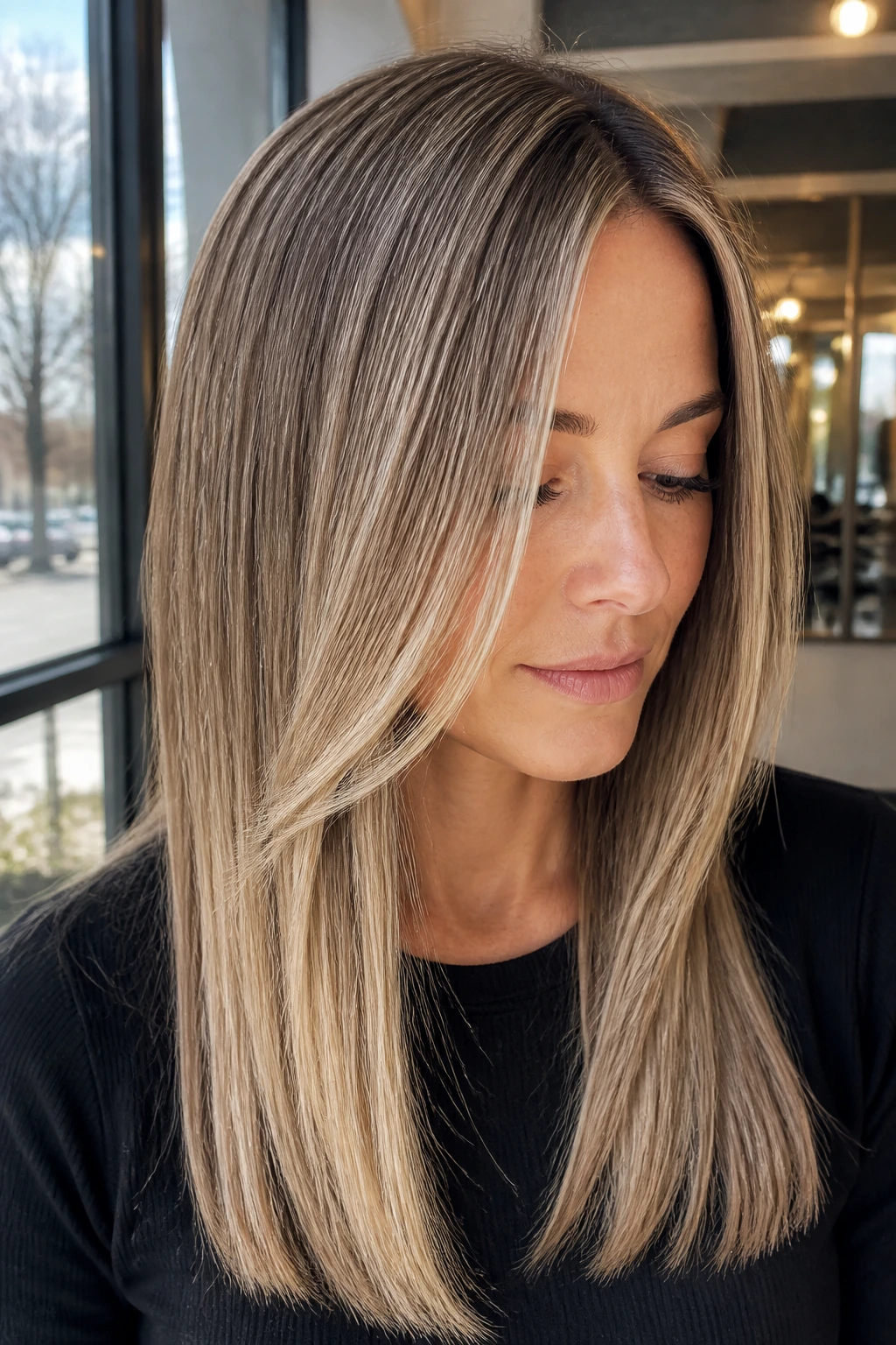 Close-up of real woman with sandy blonde balayage on dark blonde hair