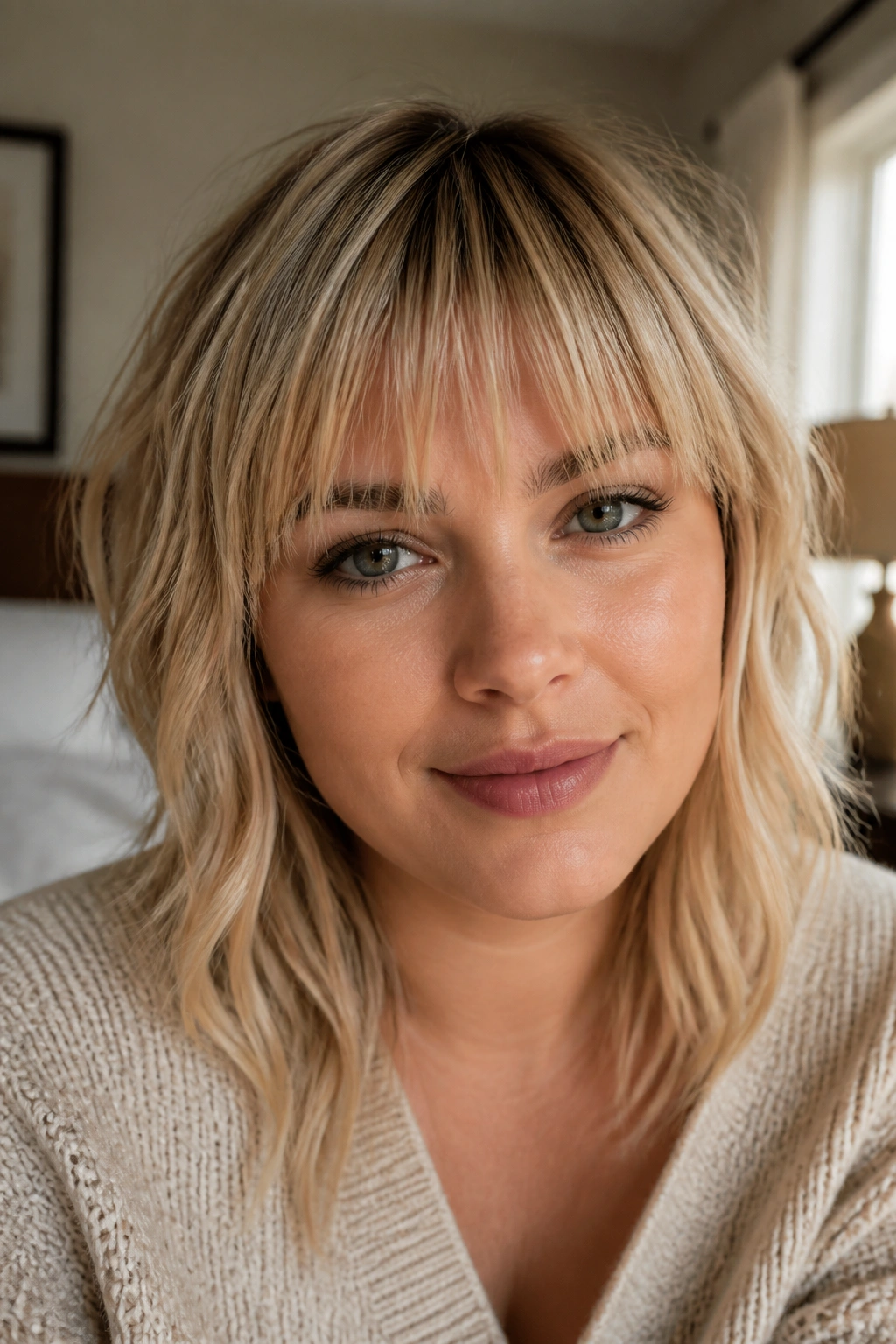 Close-up portrait of a woman with choppy sandy-blonde bangs, natural window light