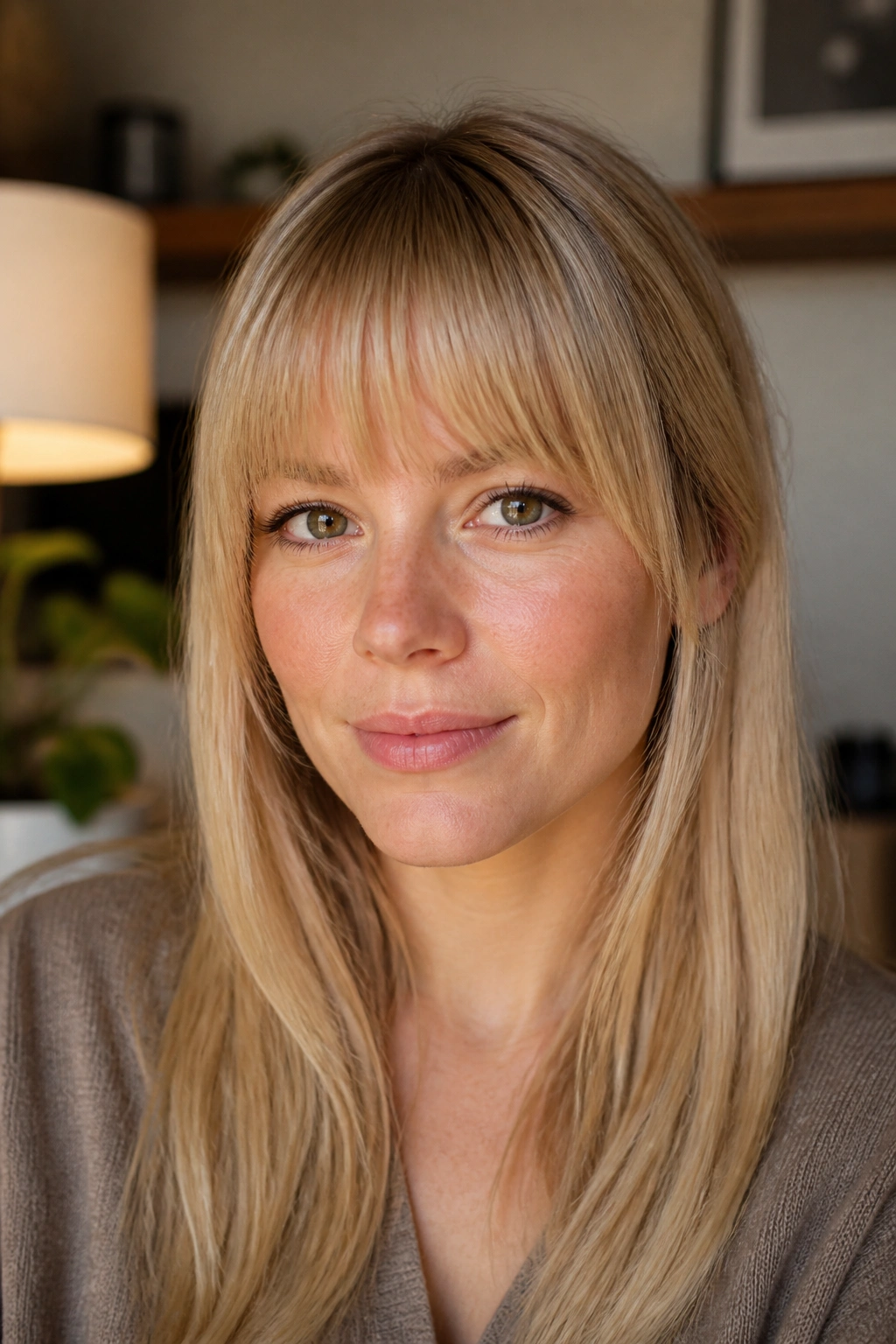 Close-up of a real woman with sandy-blonde straight bangs and tapered temple pieces