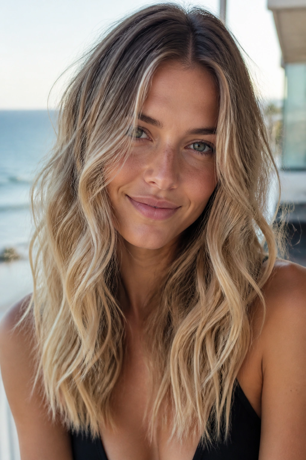Close-up of sandy blonde ombre with beach waves on a real woman