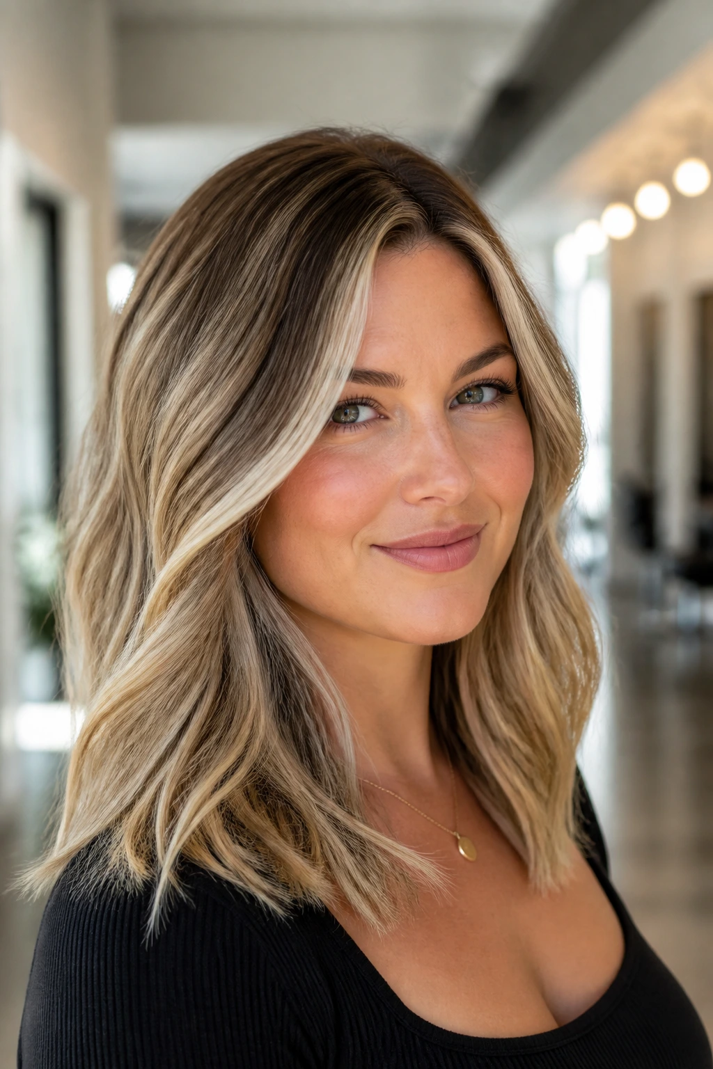 Portrait of a real woman with sandy blonde and chevron highlights