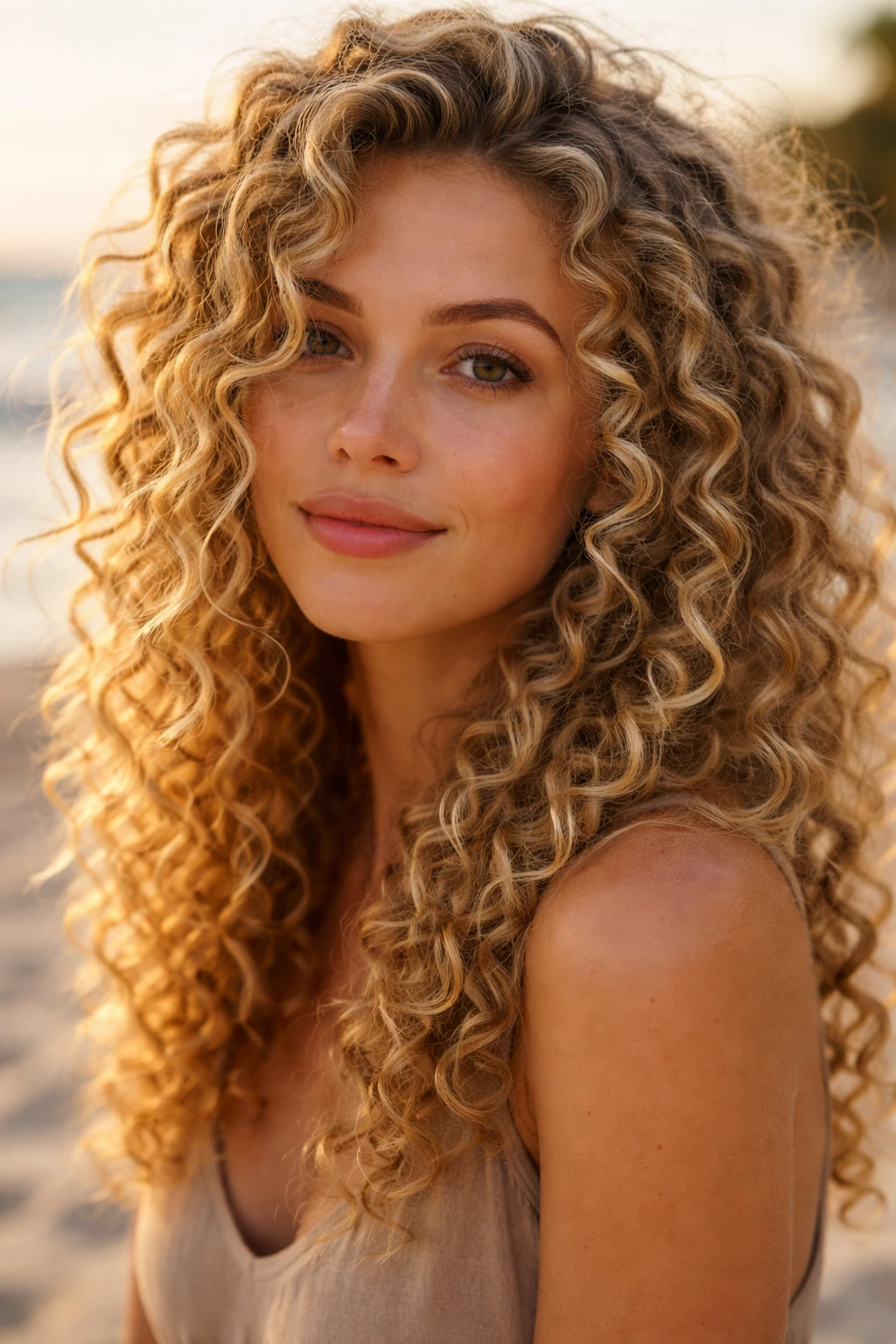 Close-up of sandy blonde corkscrew curls outdoors at the beach