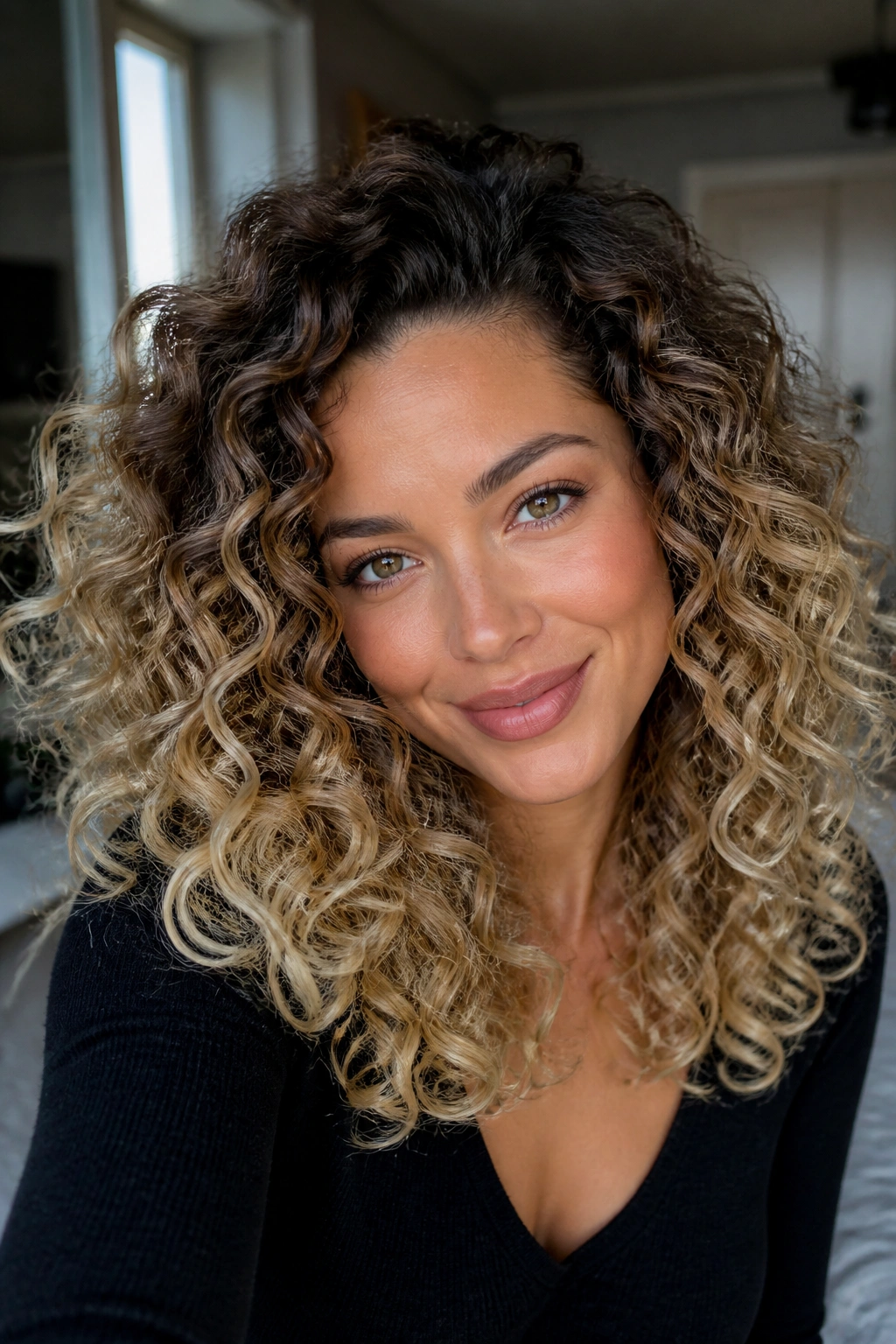 Close-up of a real woman with curly hair showing sandy blonde ombre on outer curls