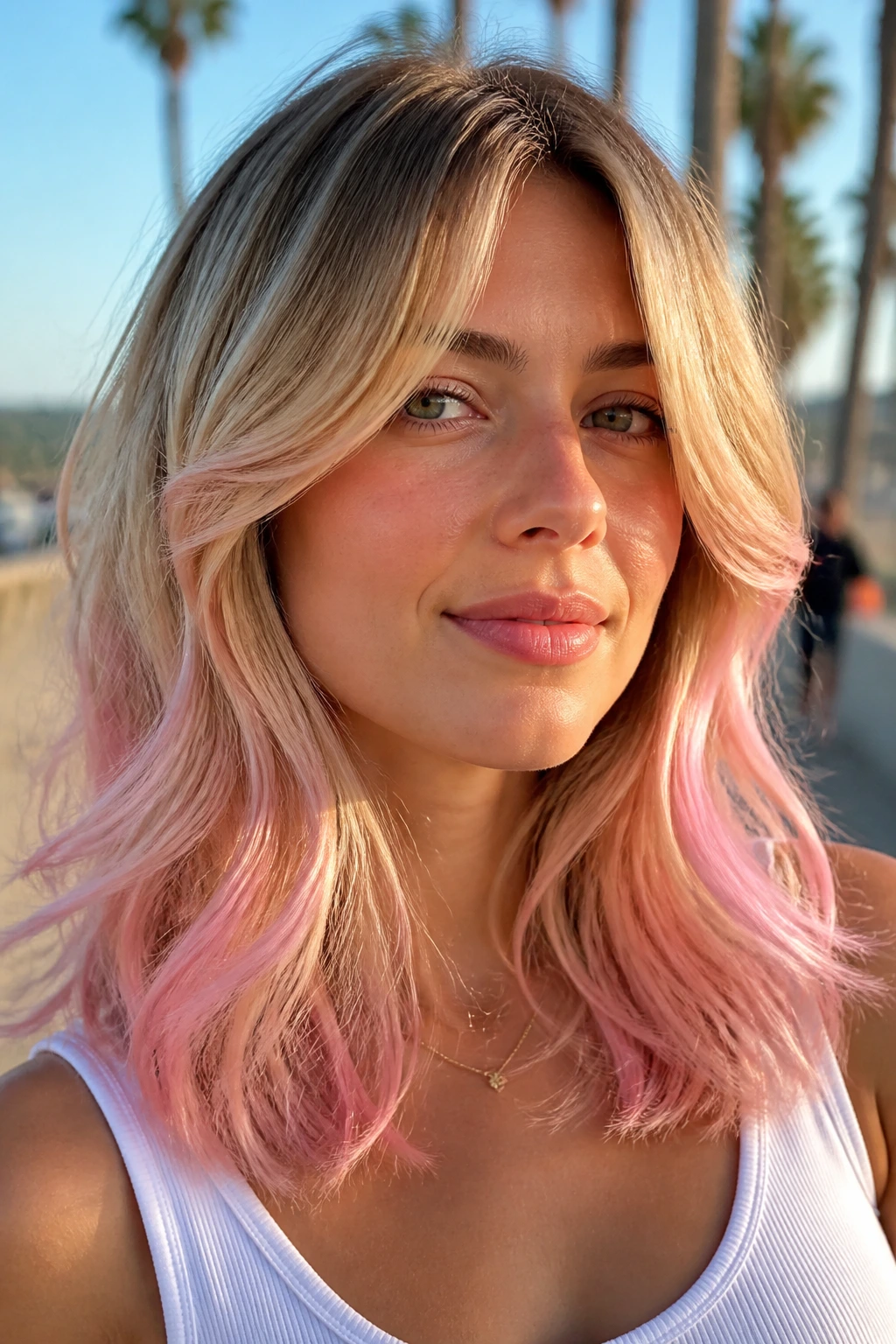 Portrait of a real woman with sandy blonde curtain layers and pastel pink ends