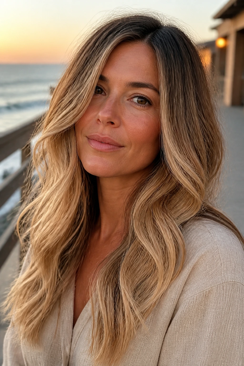 Real woman with sandy blonde fade on long layers