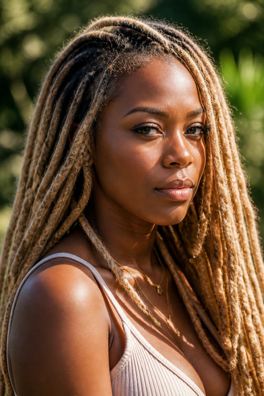 Close-up of a real Black woman with sandy blonde faux locs outdoors