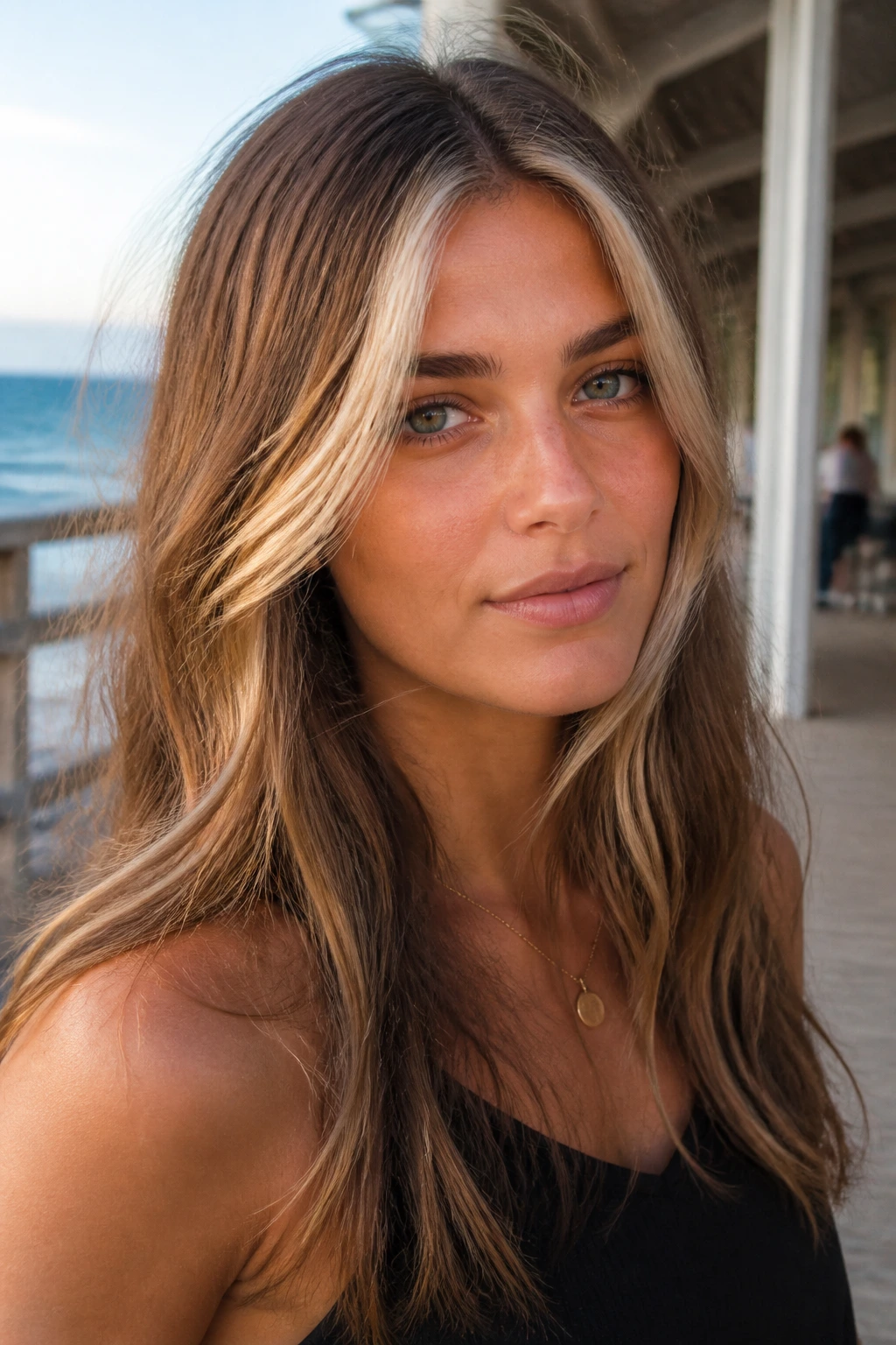 Real person with sandy blonde front pieces on light brown hair
