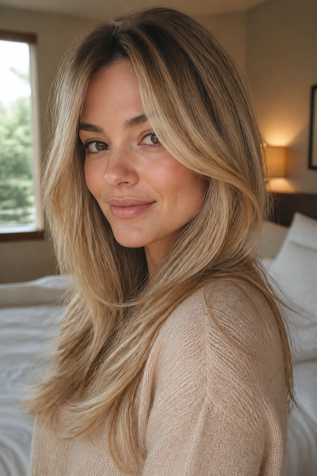 Close-up portrait of a real woman with sandy blonde hair and long, soft layers framing the face.