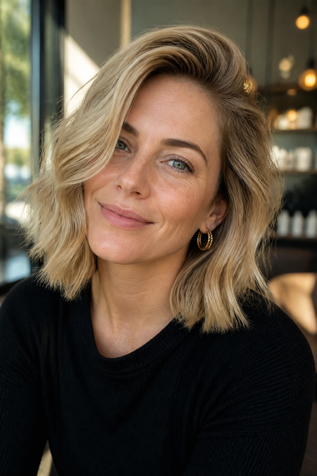 Close-up of a real woman's sandy blonde deep side-part lob with lifted crown.