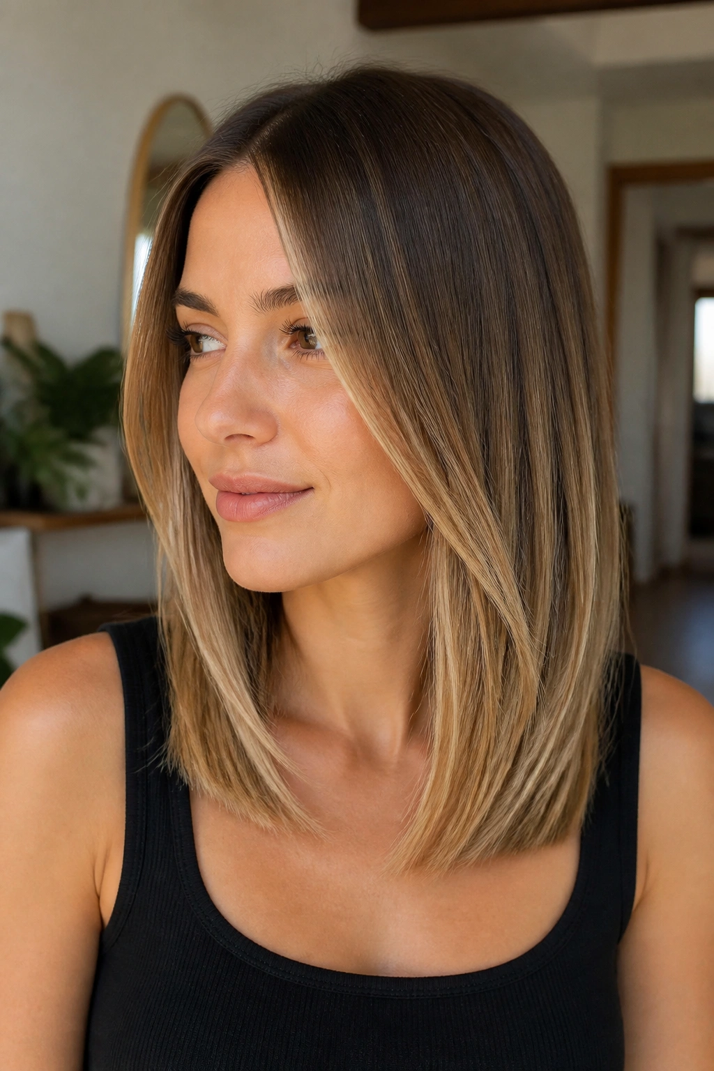 Close-up portrait of straight brown hair with sandy blonde midlengths.