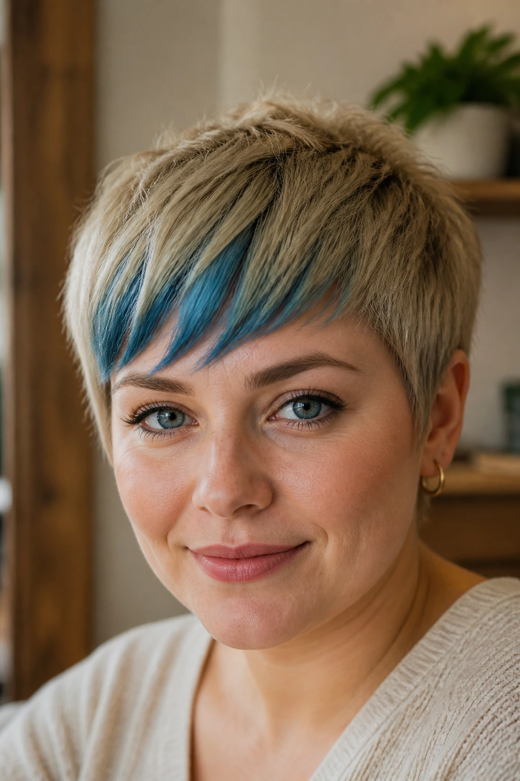 Close-up of a real woman with sandy blonde pixie and blue fringe.