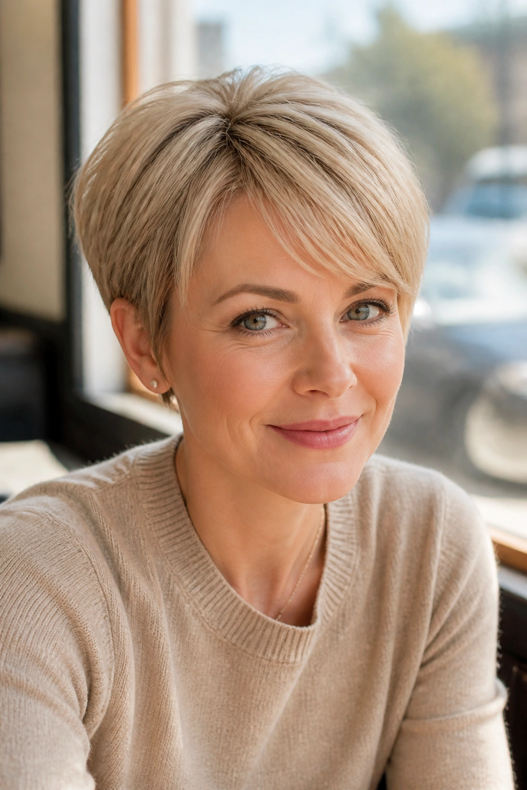 Close-up of a real woman with a sandy blonde rounded pixie at a cafe window