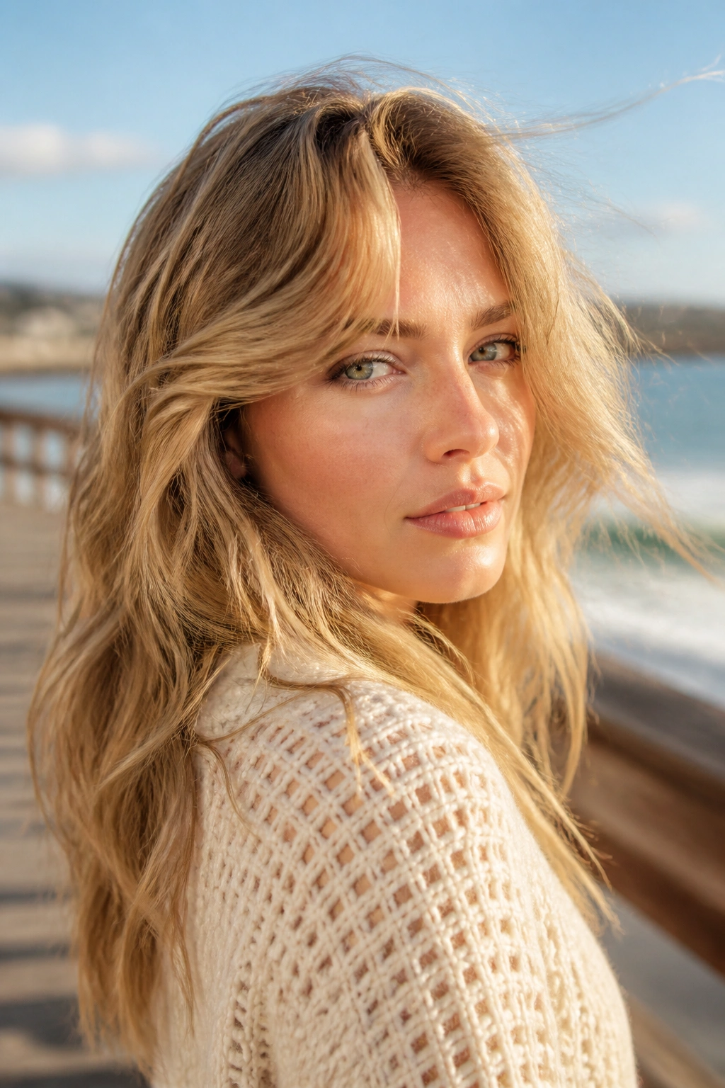 Close-up of a real woman with sandy blonde hair on a boardwalk