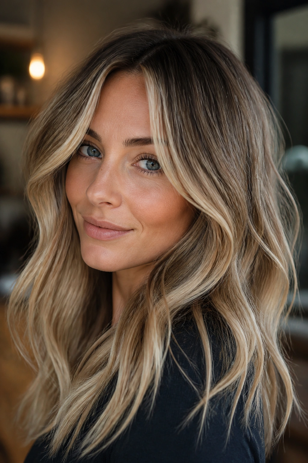 Portrait of a real woman with sandy blonde hair and smoky lowlights adding depth.