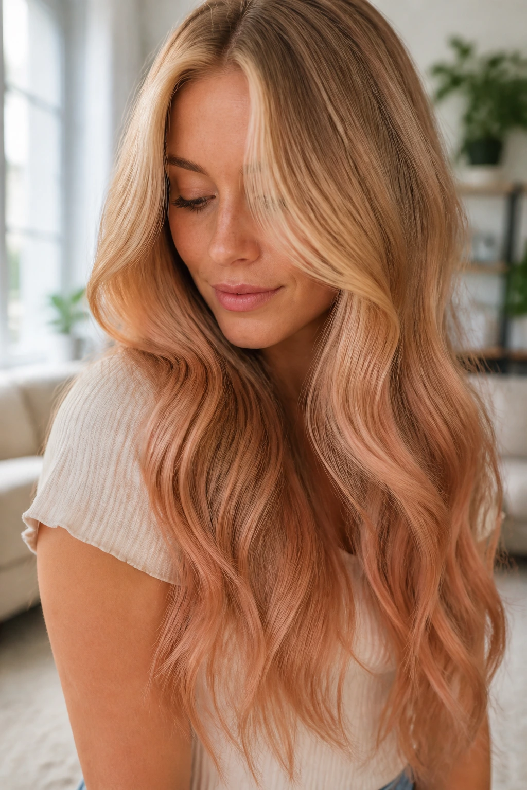 Close-up of a real woman with sandy blonde to strawberry swirl ombre on long hair