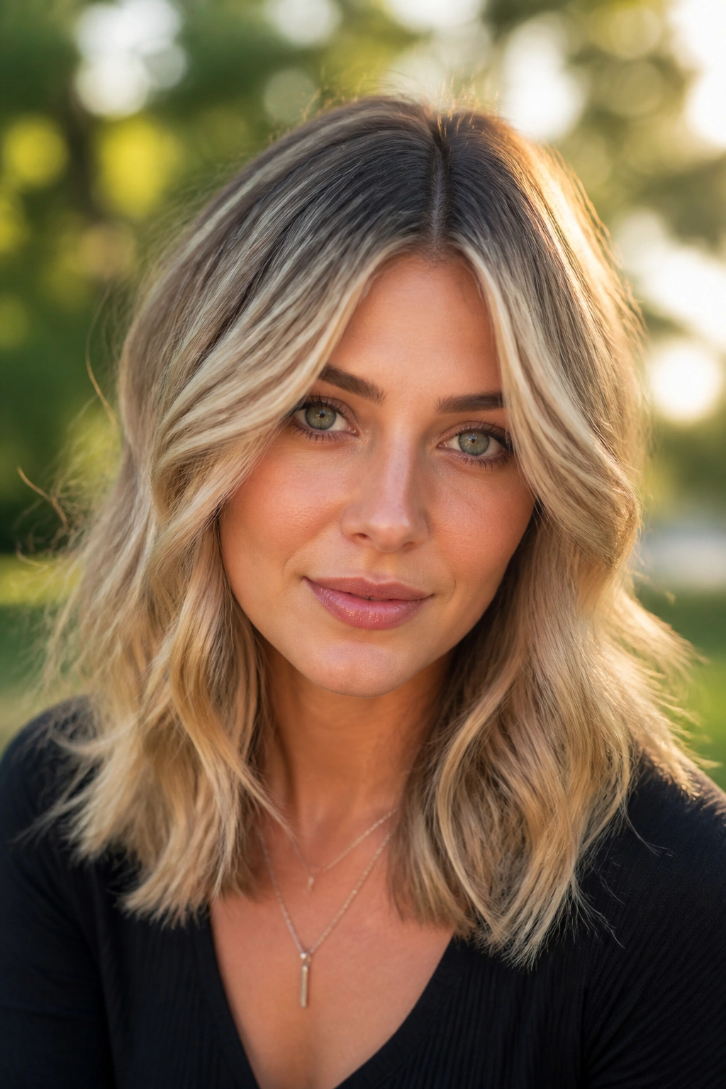 Close-up of a real woman with sandy blonde textured ends in golden hour light