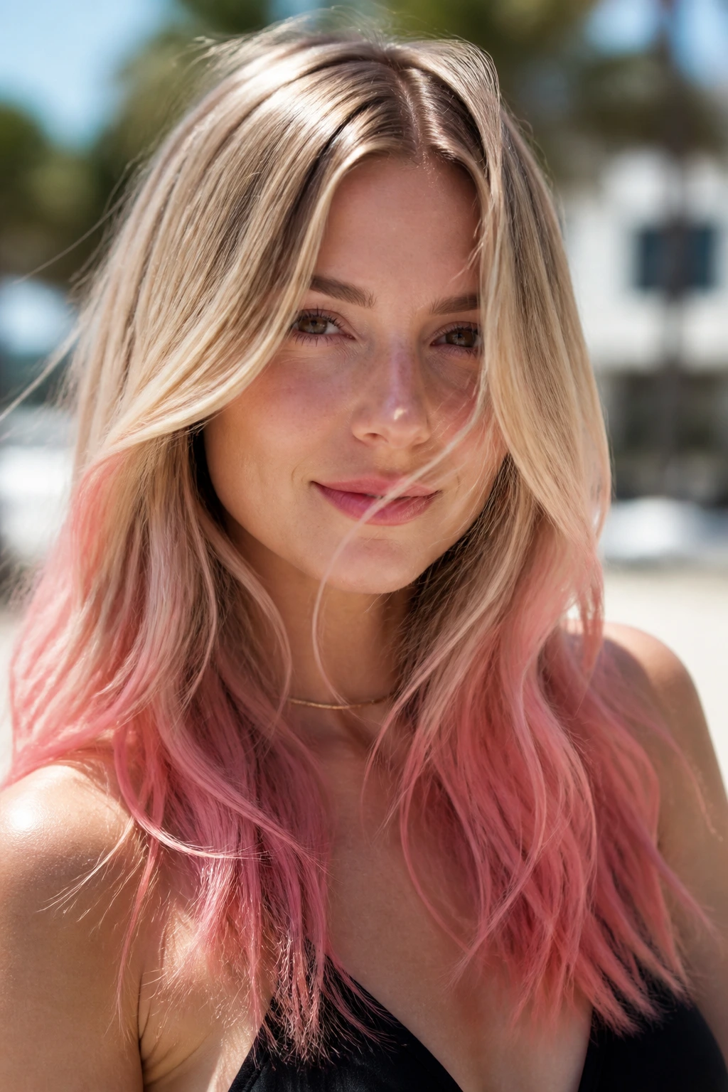 Close-up of a real woman with sandy blonde hair and watermelon ends
