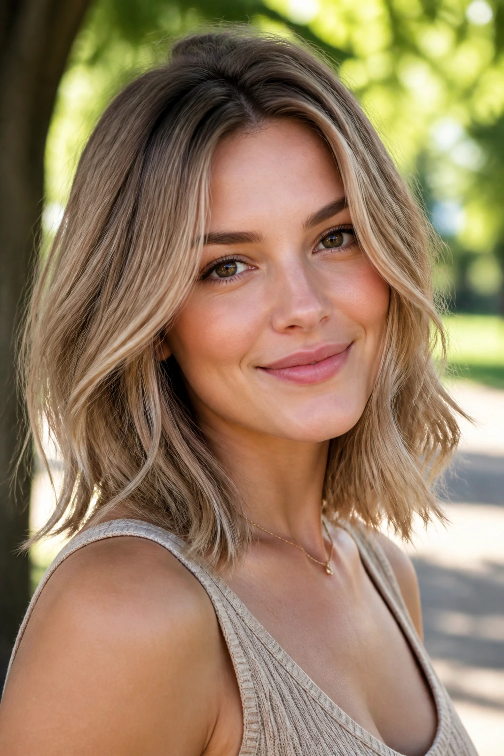 Portrait of a real woman with sandy bronde hair and airy mid-lengths outdoors