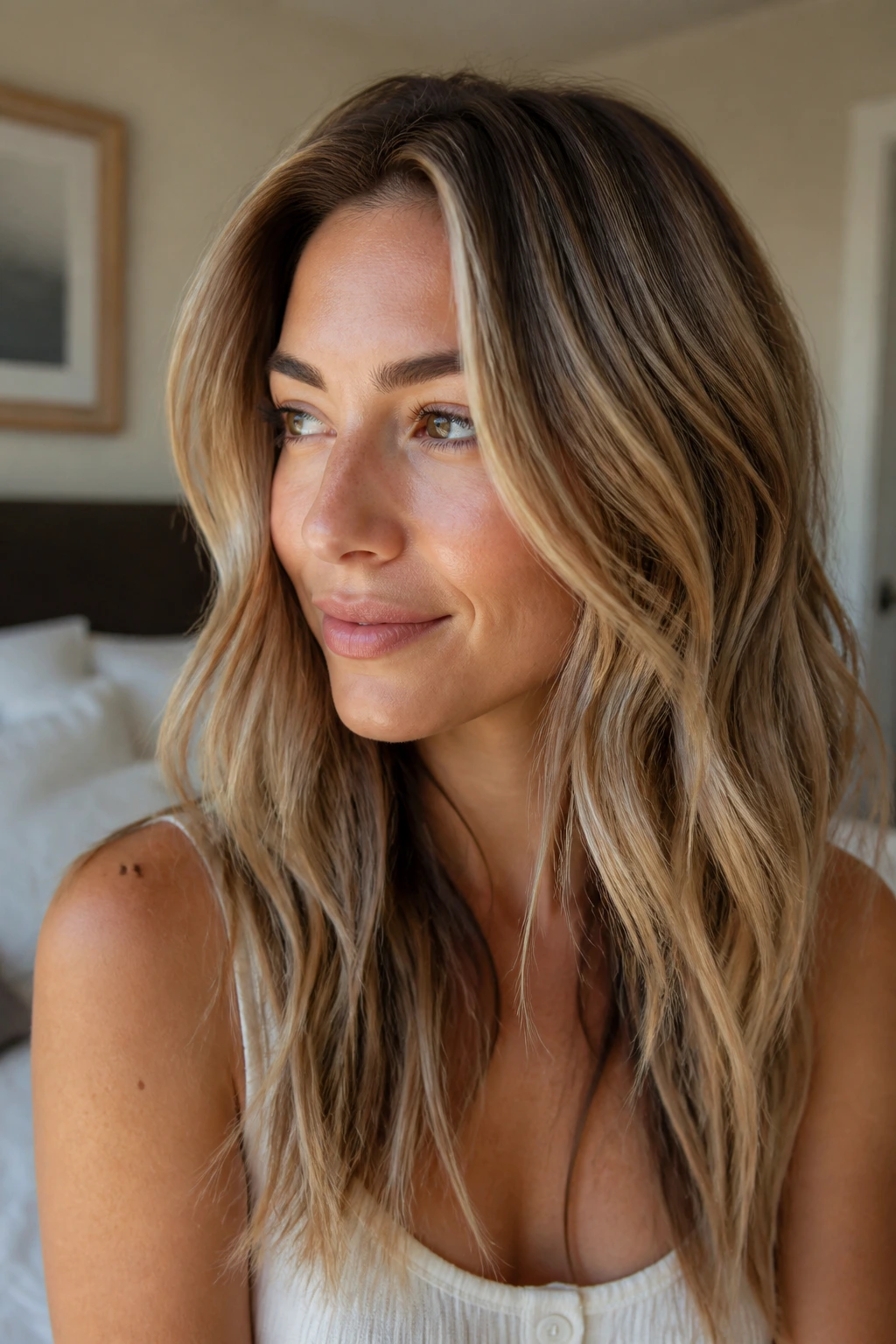 Close-up of sandy bronde hair with sunlit ribbons and shadow root on a real person
