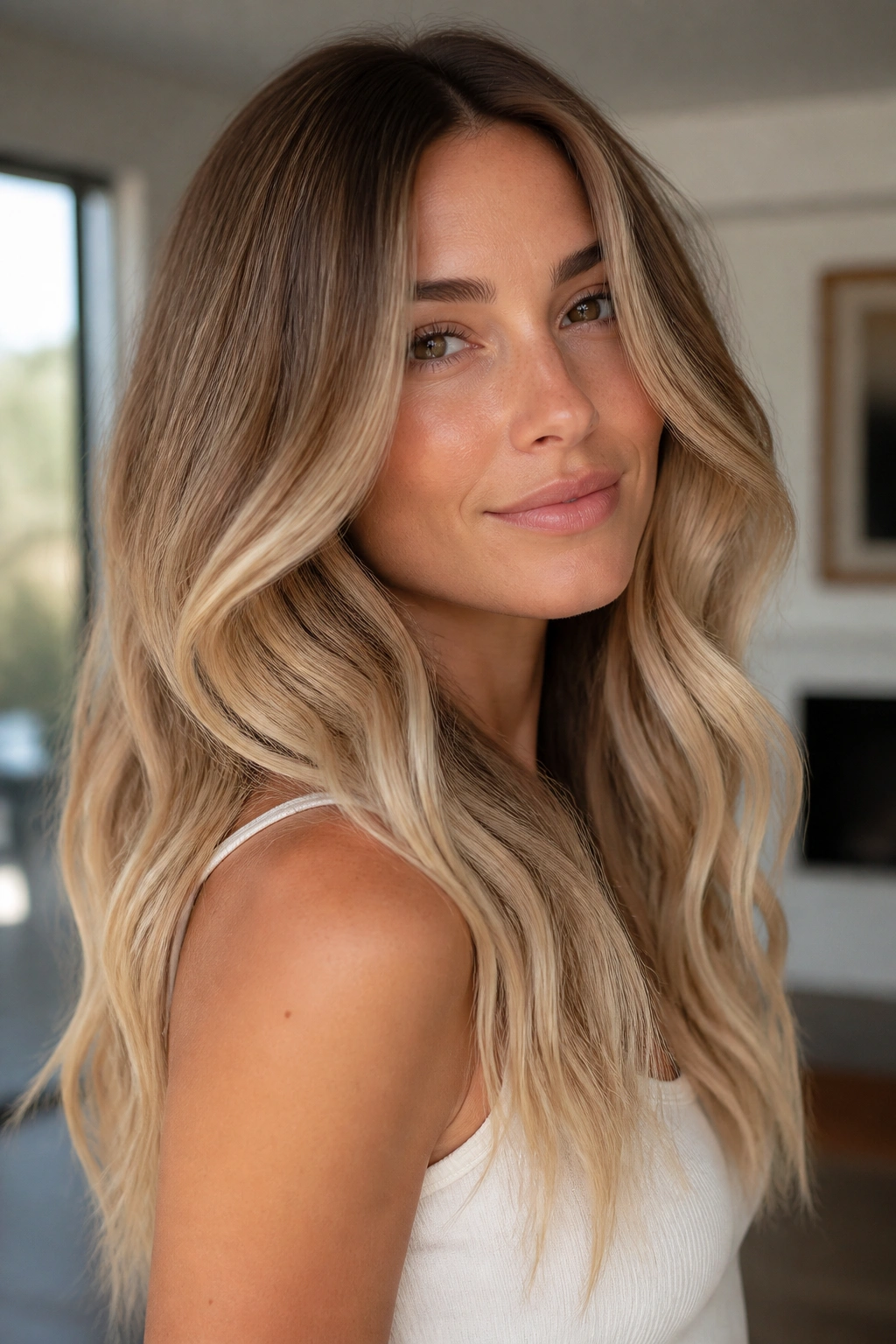 Close-up of a woman with sandy brown to almond blonde ombré in soft natural light