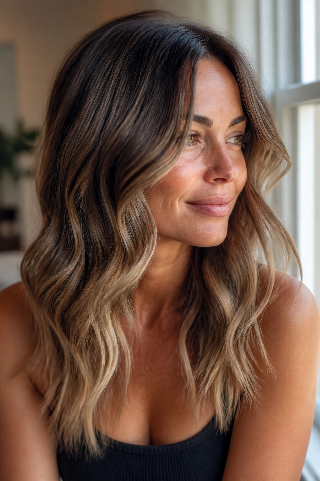 Close-up of sandy brown balayage on wavy hair on real person
