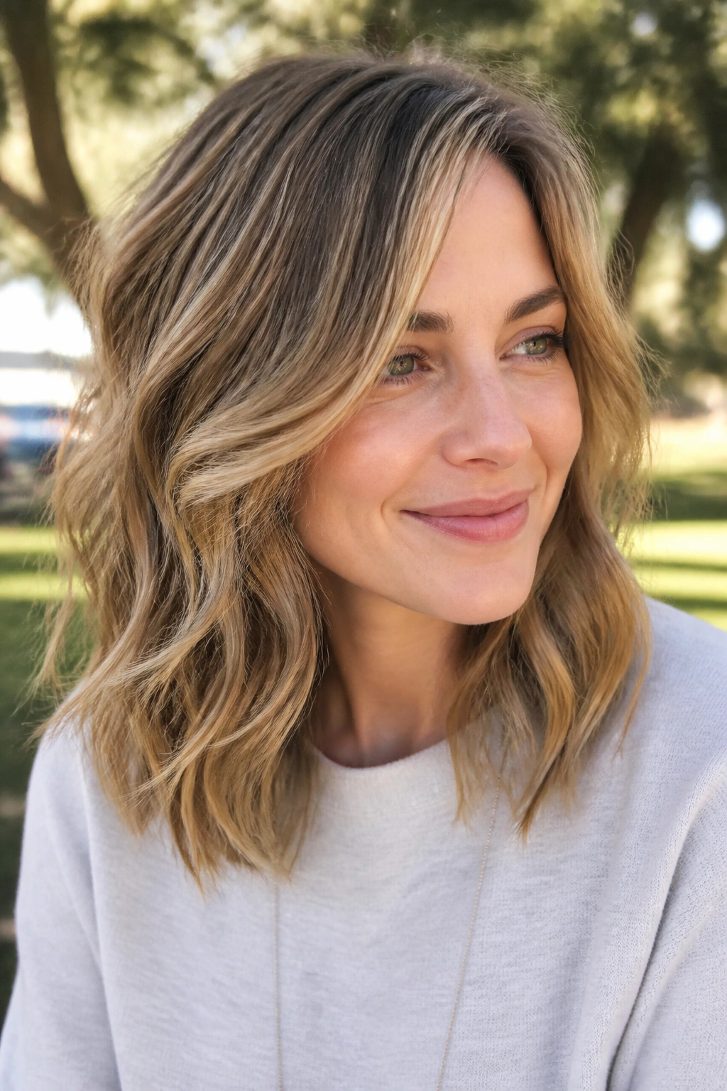 Close-up portrait of a woman with sandy brown-bronde hair and soft beige highlights.
