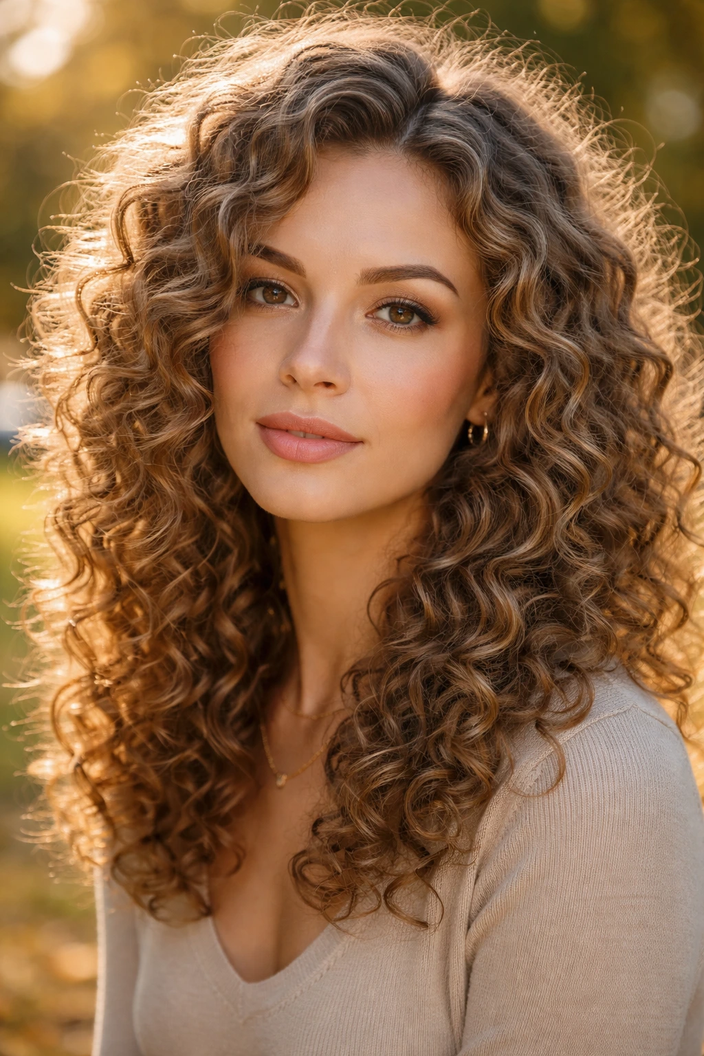 Close-up of a real woman's curly hair in sandy brown shade