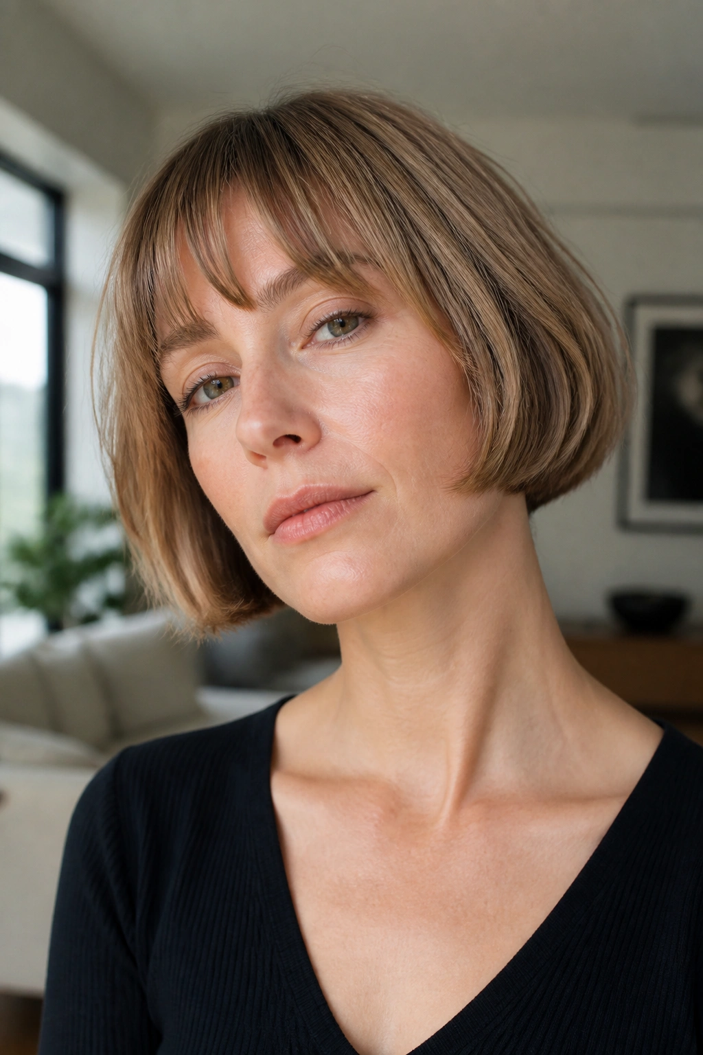 Real woman with a sandy brown French bob and soft fringe in daylight.