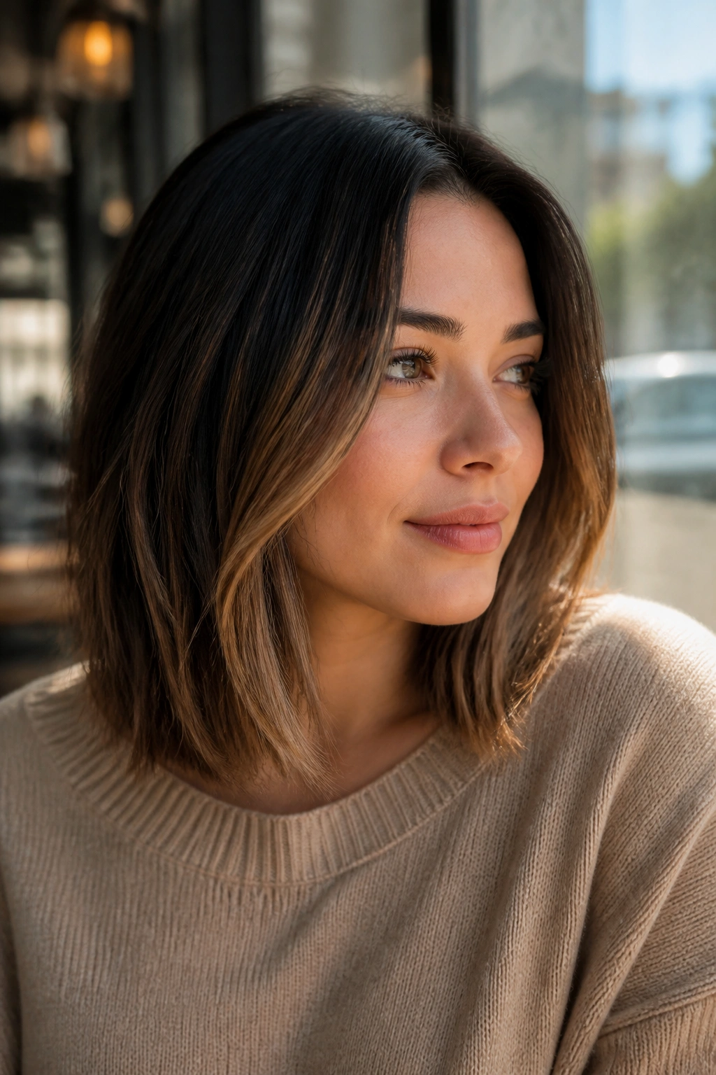 Portrait of a real person with sandy brown pieces on a lob haircut