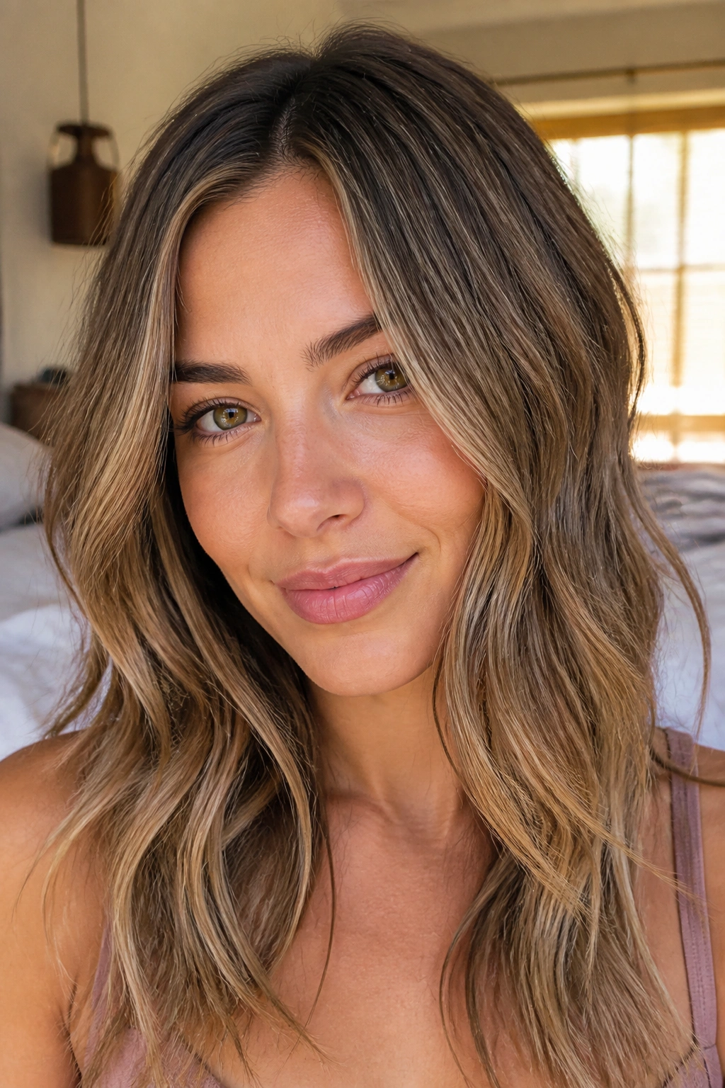 Close-up of a real woman with sandy brunette hair and fine babylights
