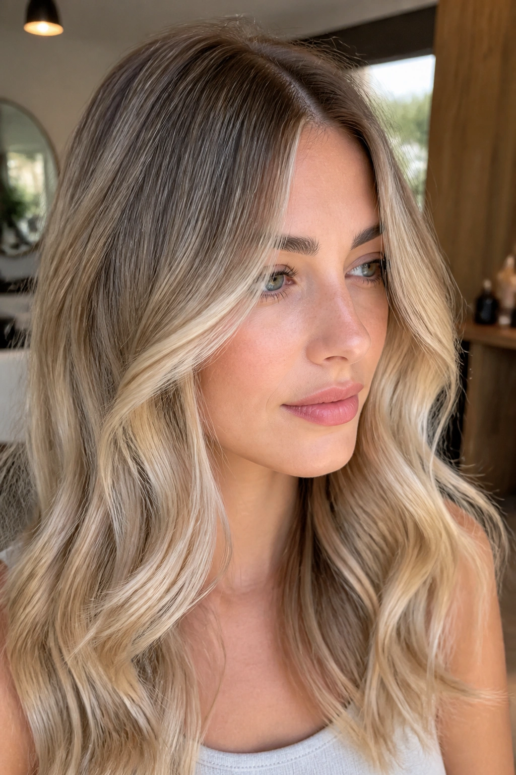 Close-up of a woman with sandy butter blonde balayage in a sunlit salon