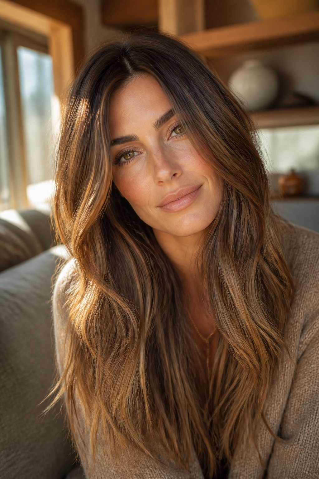 Close-up portrait of a real woman with sandy caramel brunette hair under natural window light