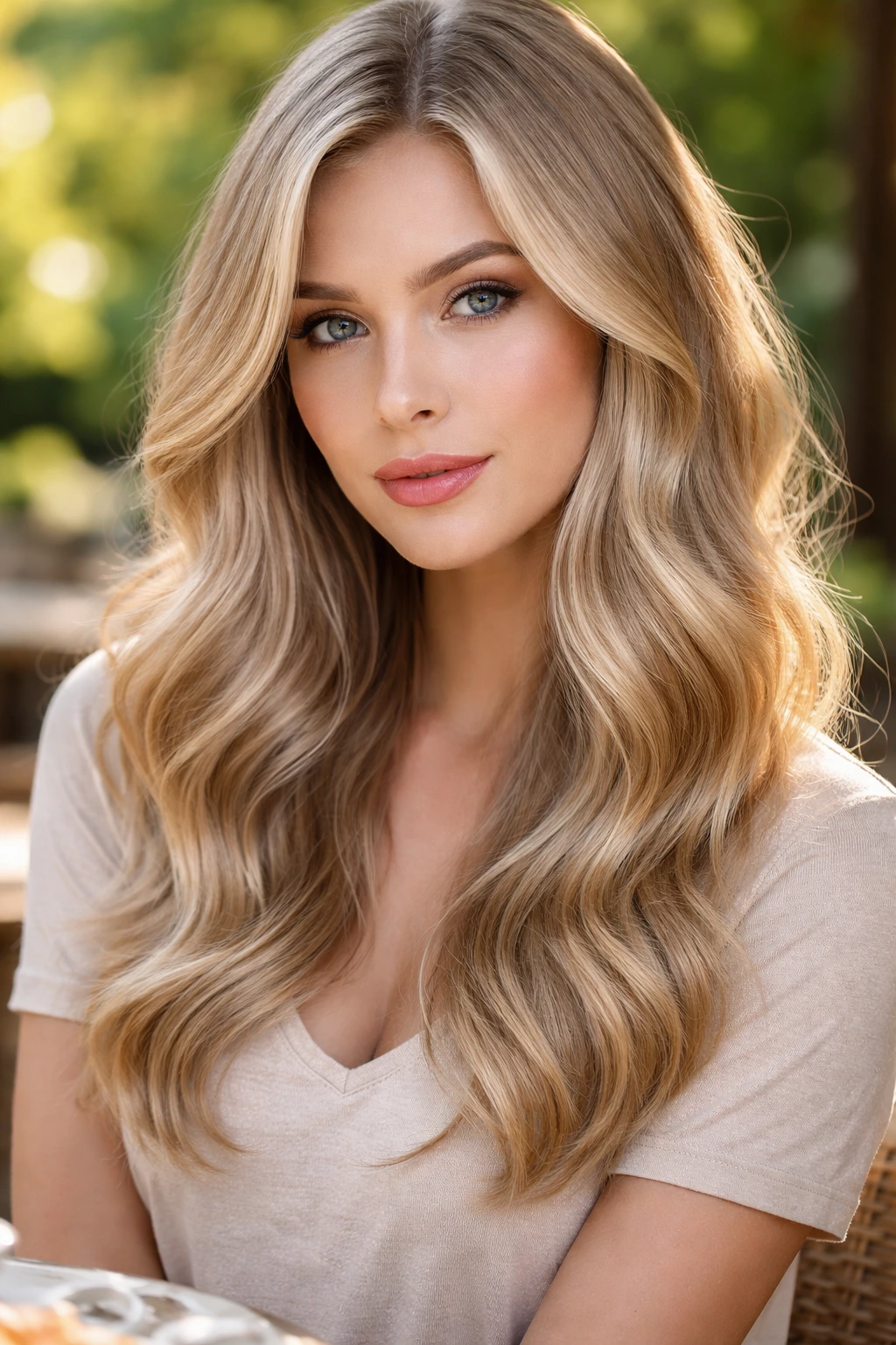 Close-up of a real woman with sandy champagne blend hair in outdoor cafe light