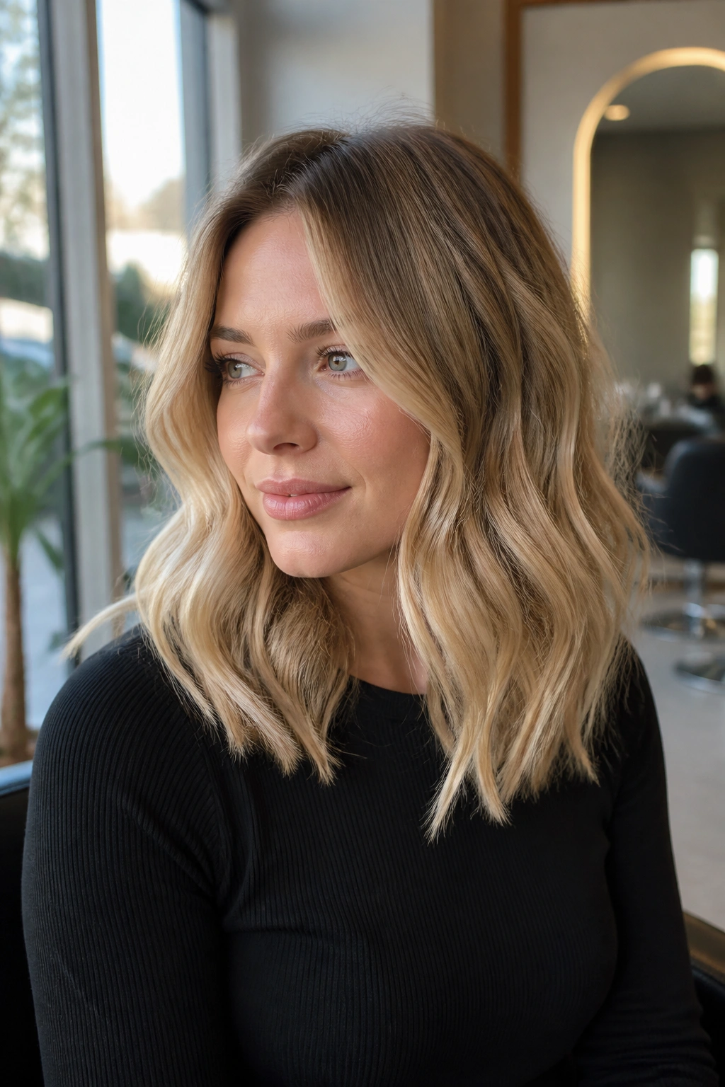 Close-up portrait of a real woman with sandy honey blonde hair in a long lob, soft window light.