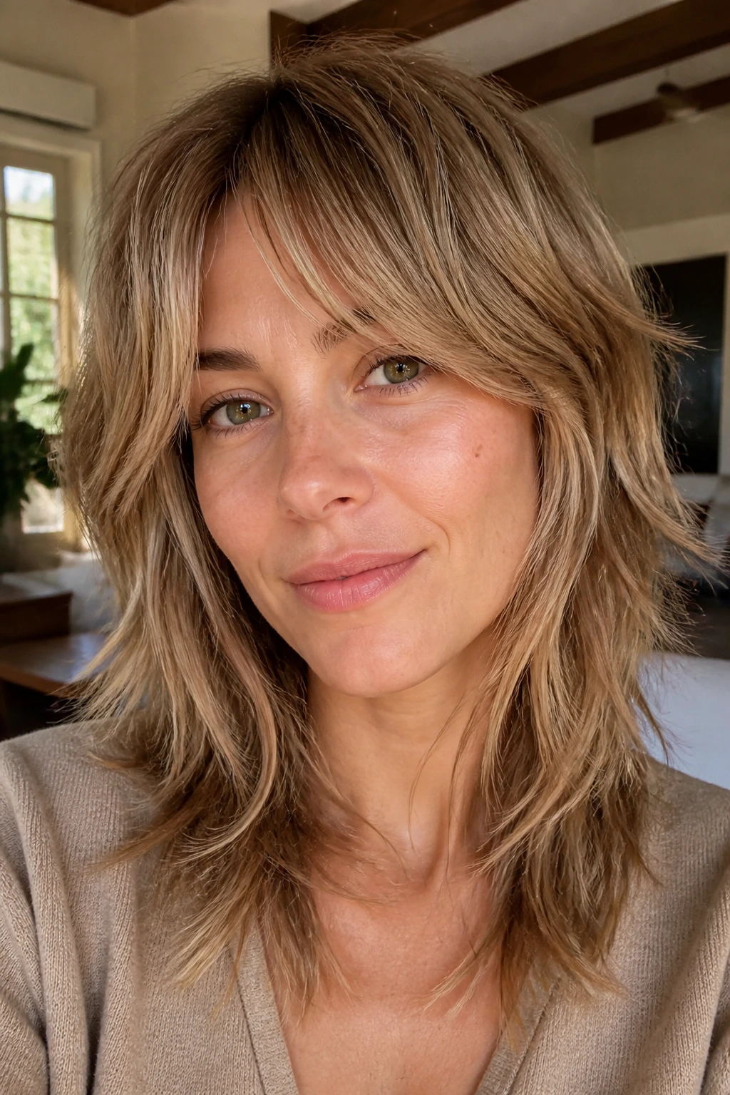Close-up portrait of a real woman with sandy honey brown shag hair, face-framing layers in natural light.