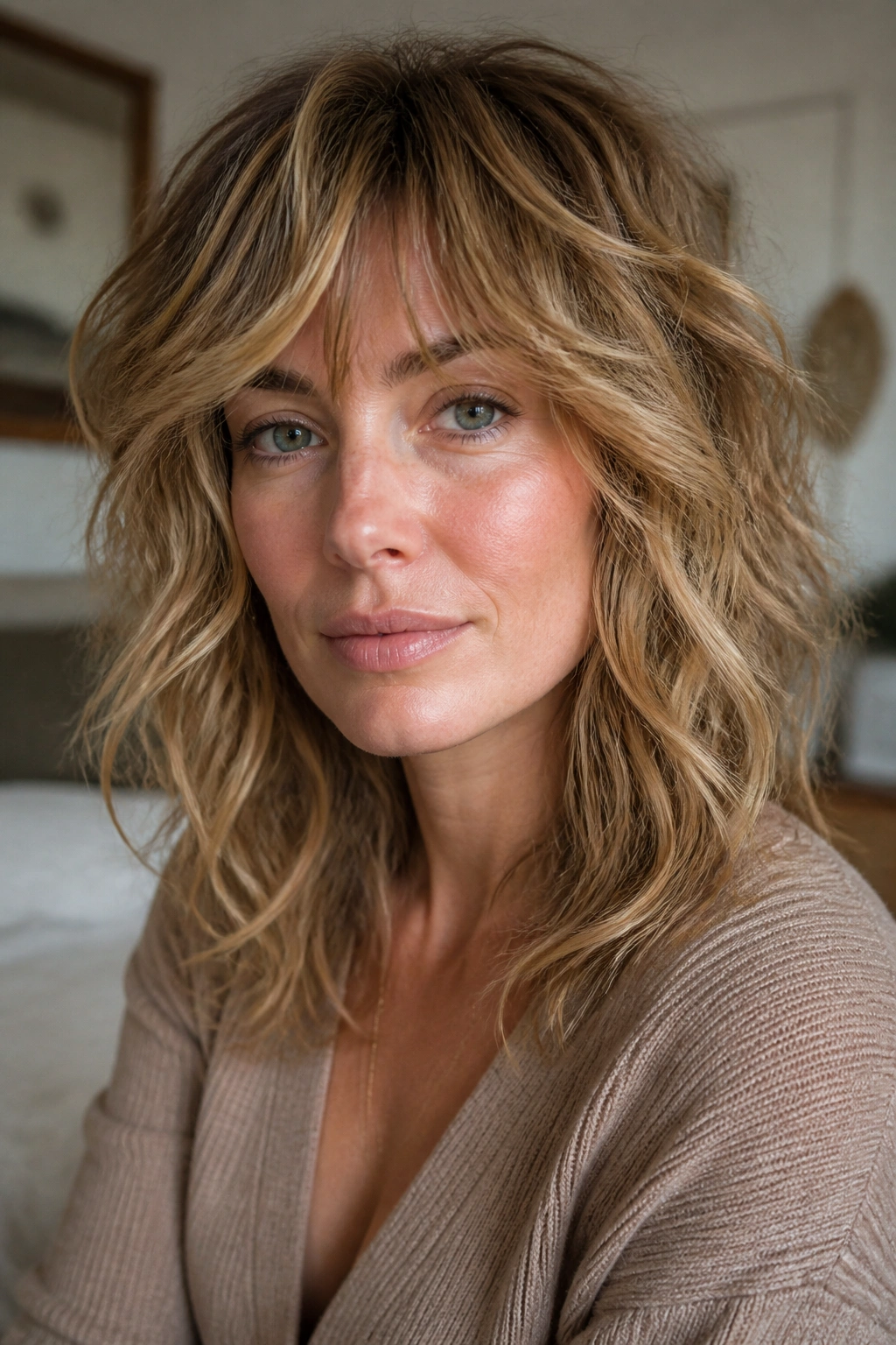 Close-up of a real woman with sandy honey caramel wavy shag, crown movement and fringe
