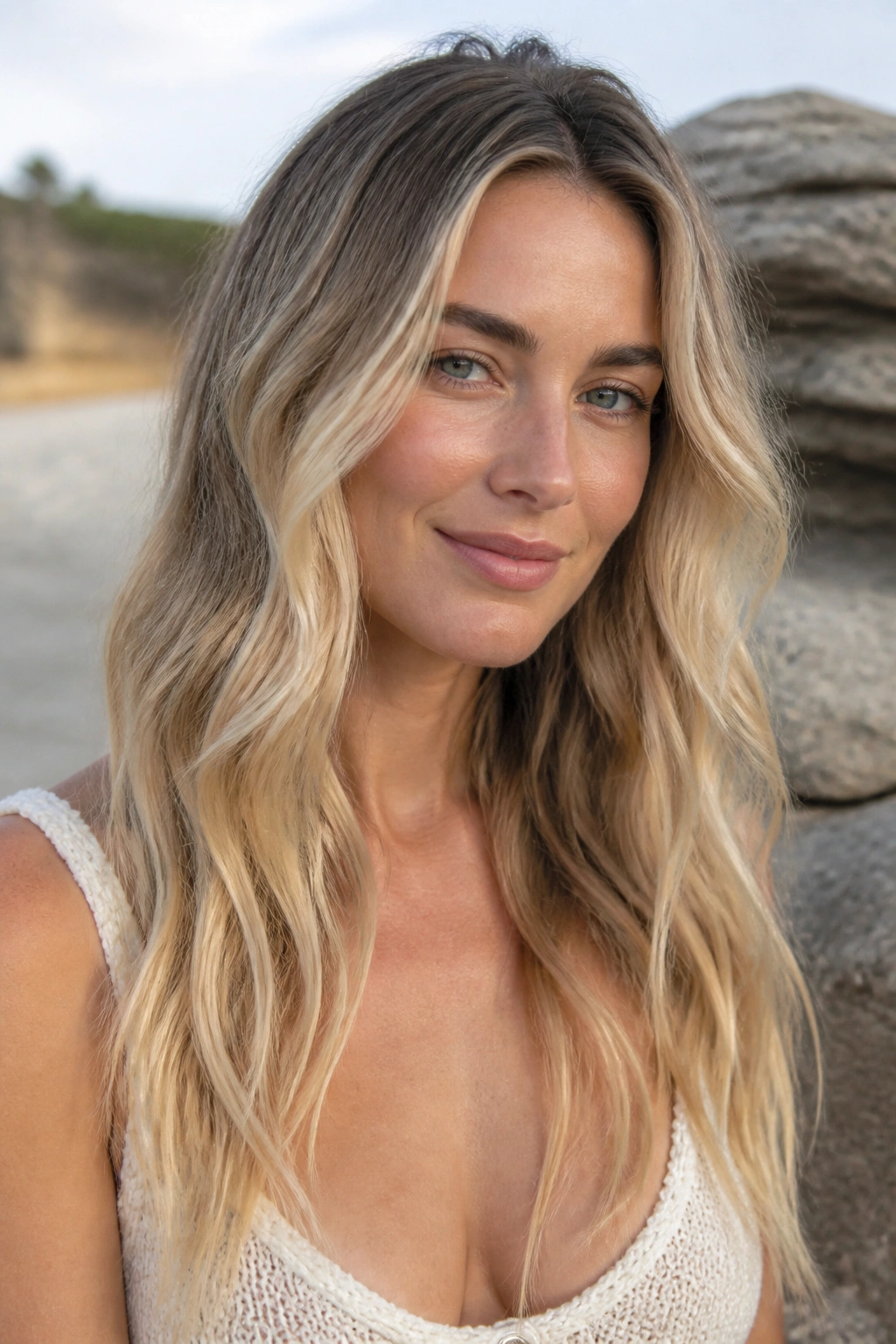 Close-up of a real person with sandy blonde melt and shadow root in natural daylight