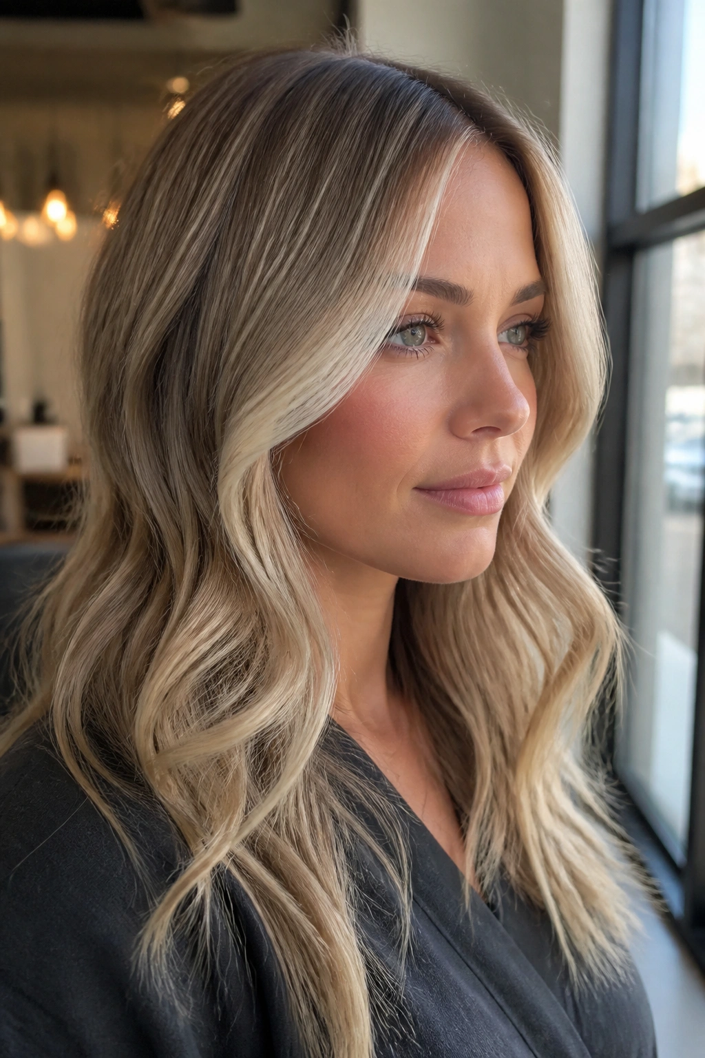 Close-up portrait of a real woman with sandy blonde money piece face framing lighter sections for cool skin.