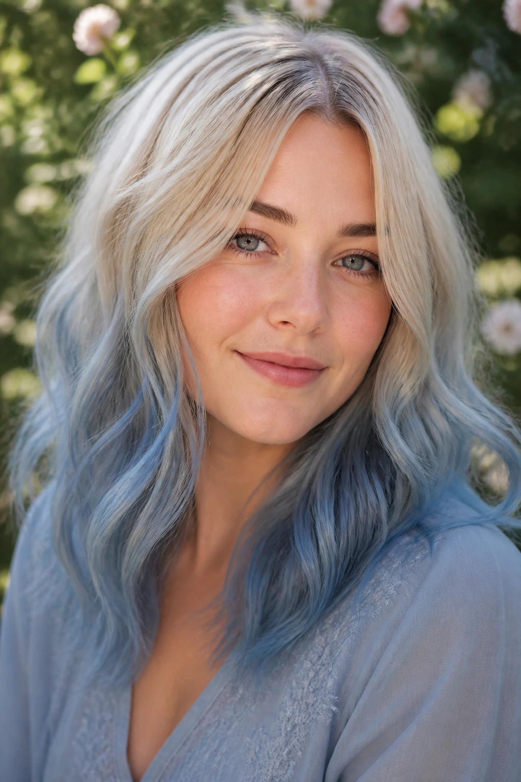 Close-up portrait of a real woman with sandy platinum hair and dusty blue veil.