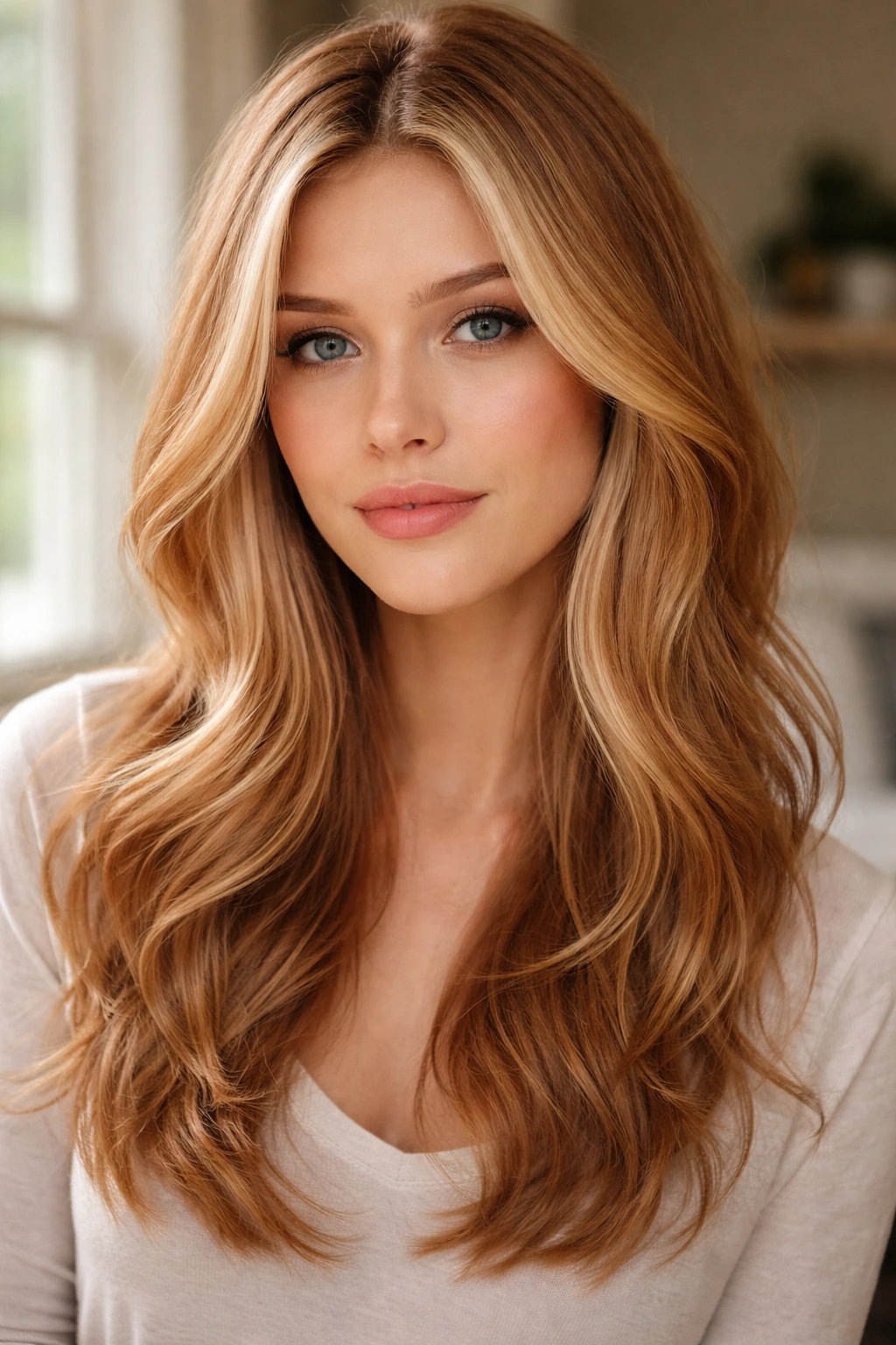 Close-up of sandy strawberry blonde with face-framing pieces