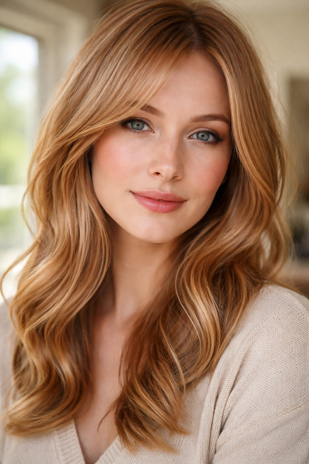 Close-up portrait of a real woman with sandy strawberry blonde hair in natural light