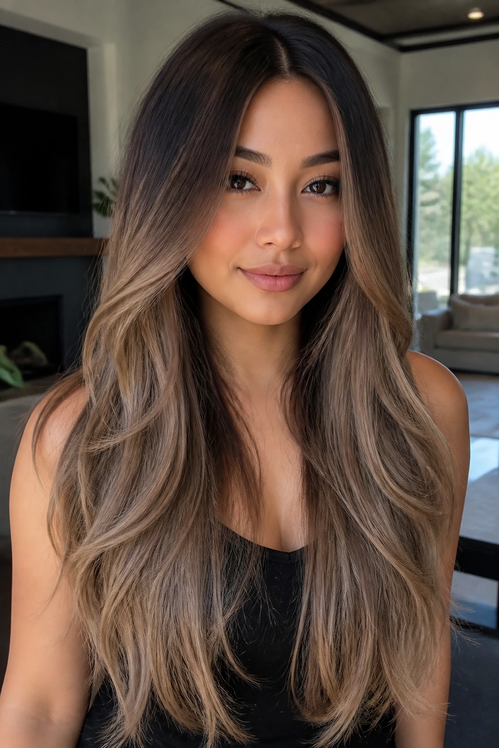 Woman with sandy taupe ombre on waist-length layered hair.